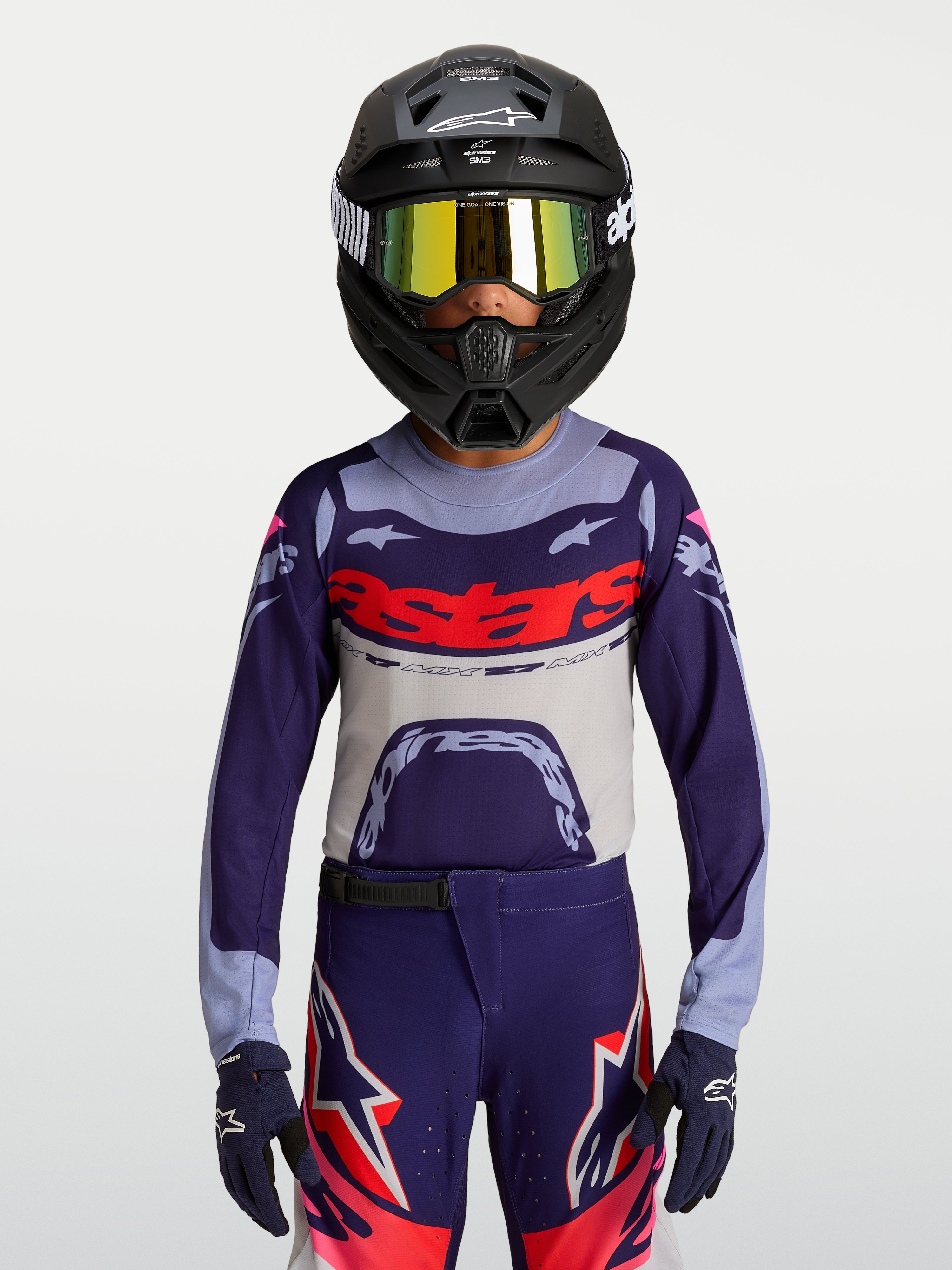 Alpinestars Supertech Dyna, camisola de motocross para jovem, roxa e cinzenta, com ajuste atlético e malha respirável