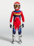 Alpinestars conjunto Supertech Dyna jovem, equipamento de motocross vermelho e azul-marinho para jovens pilotos.