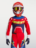 Camisola Alpinestars Supertech Dyna Jovem 2027, para motocross, vermelha e azul-marinho, malha elástica e respirável.