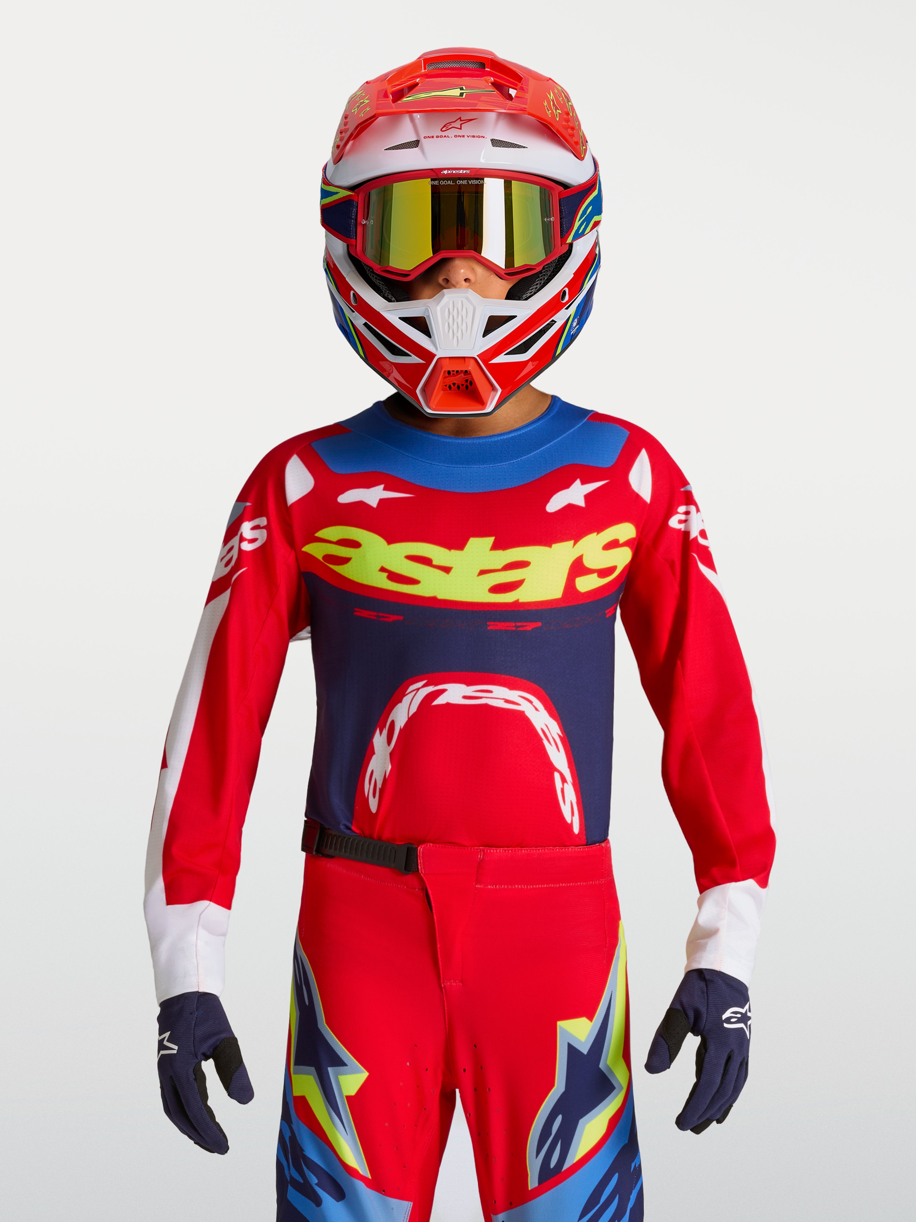 Camisola Alpinestars Supertech Dyna Jovem 2027, para motocross, vermelha e azul-marinho, malha elástica e respirável.