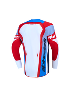Alpinestars Supertech Dyna Jovem, camisola de motocross de alto desempenho, malha vermelha, branca e azul, vista traseira.