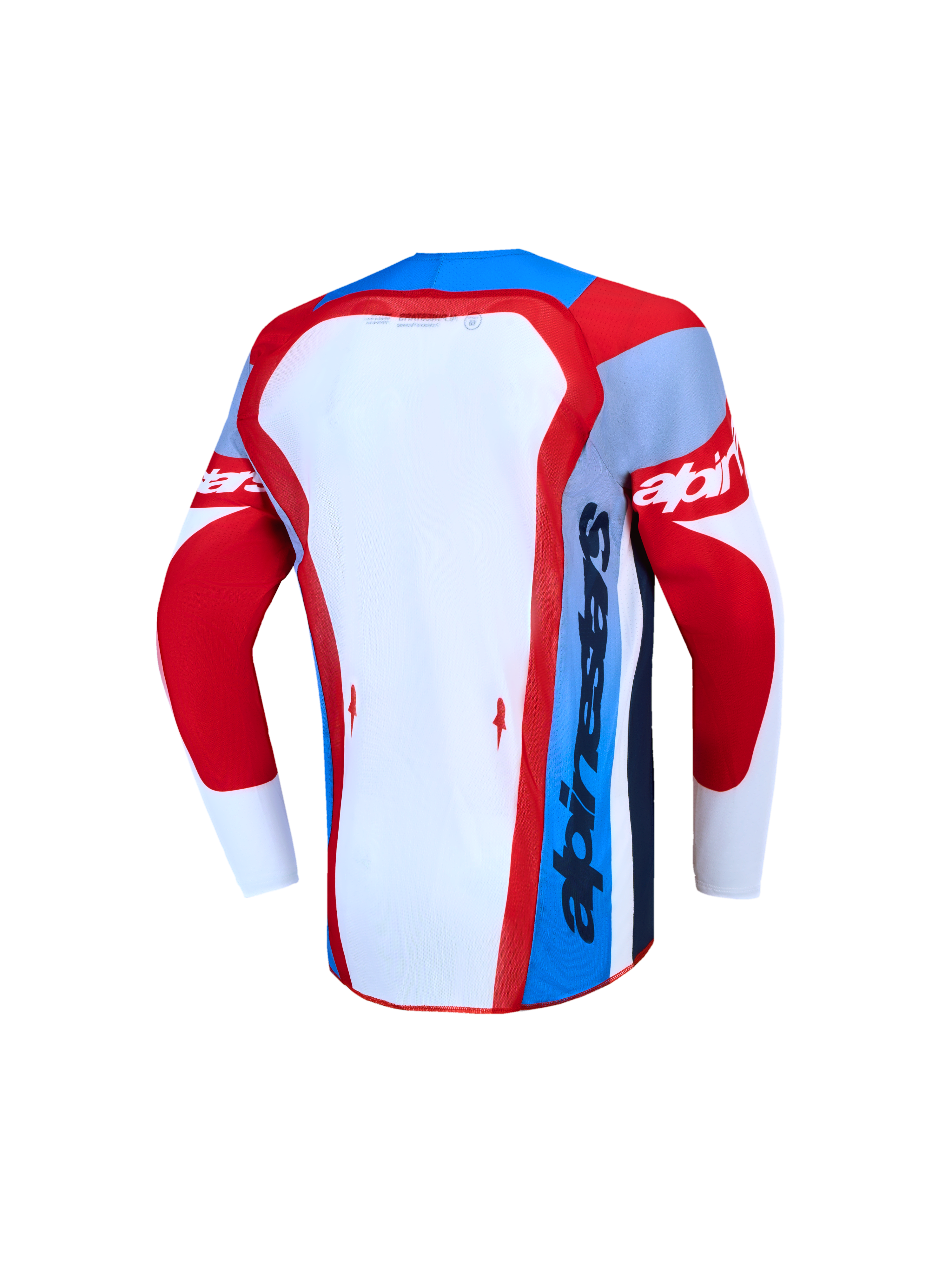 Alpinestars Supertech Dyna Jovem, camisola de motocross de alto desempenho, malha vermelha, branca e azul, vista traseira.