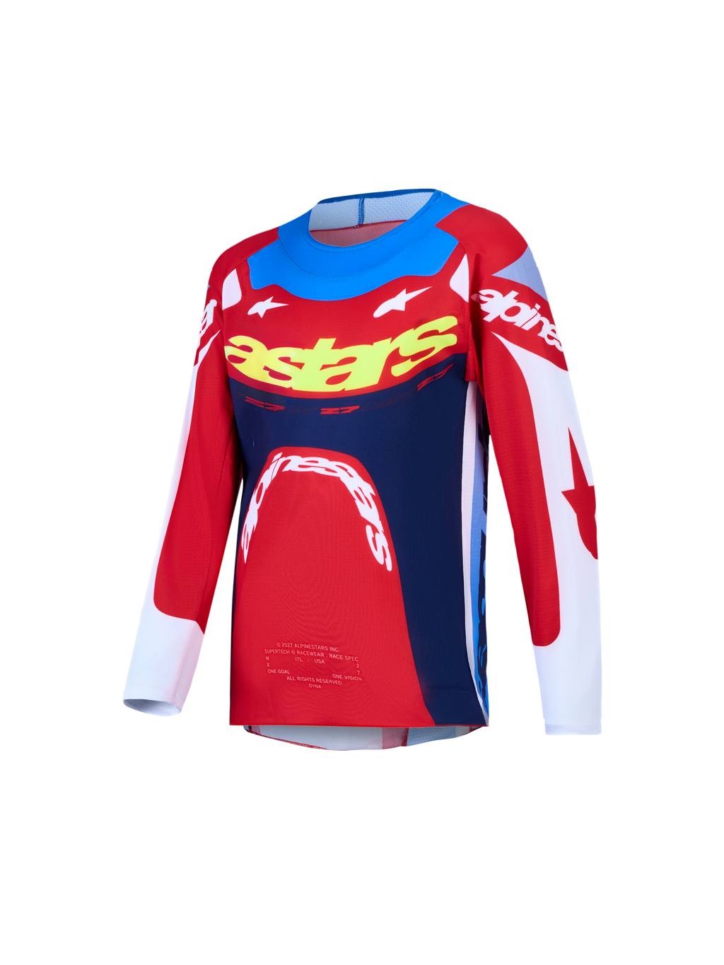 Alpinestars Camisola Supertech Dyna Jovem, camisola de motocross vermelha e azul-marinho em malha elástica com ajuste atlético.