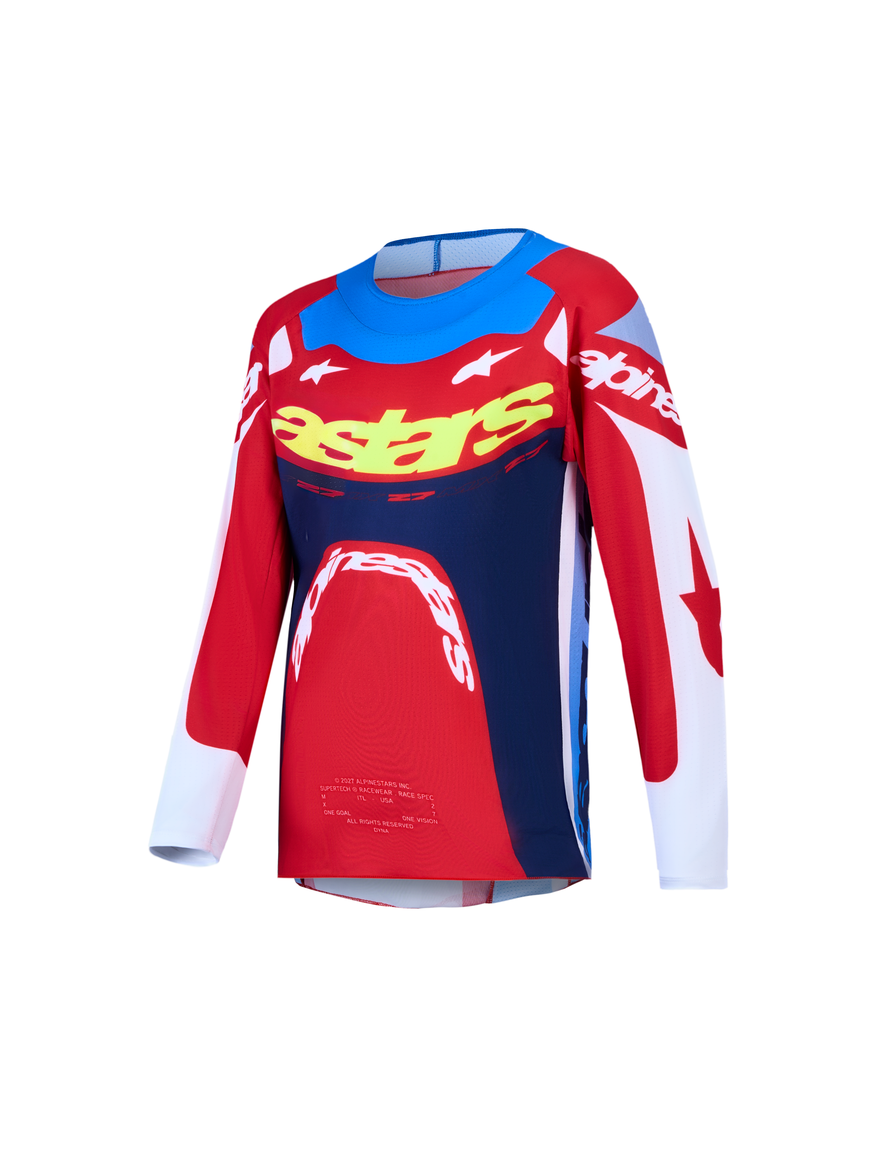 Alpinestars Camisola Supertech Dyna Jovem, camisola de motocross vermelha e azul-marinho em malha elástica com ajuste atlético.