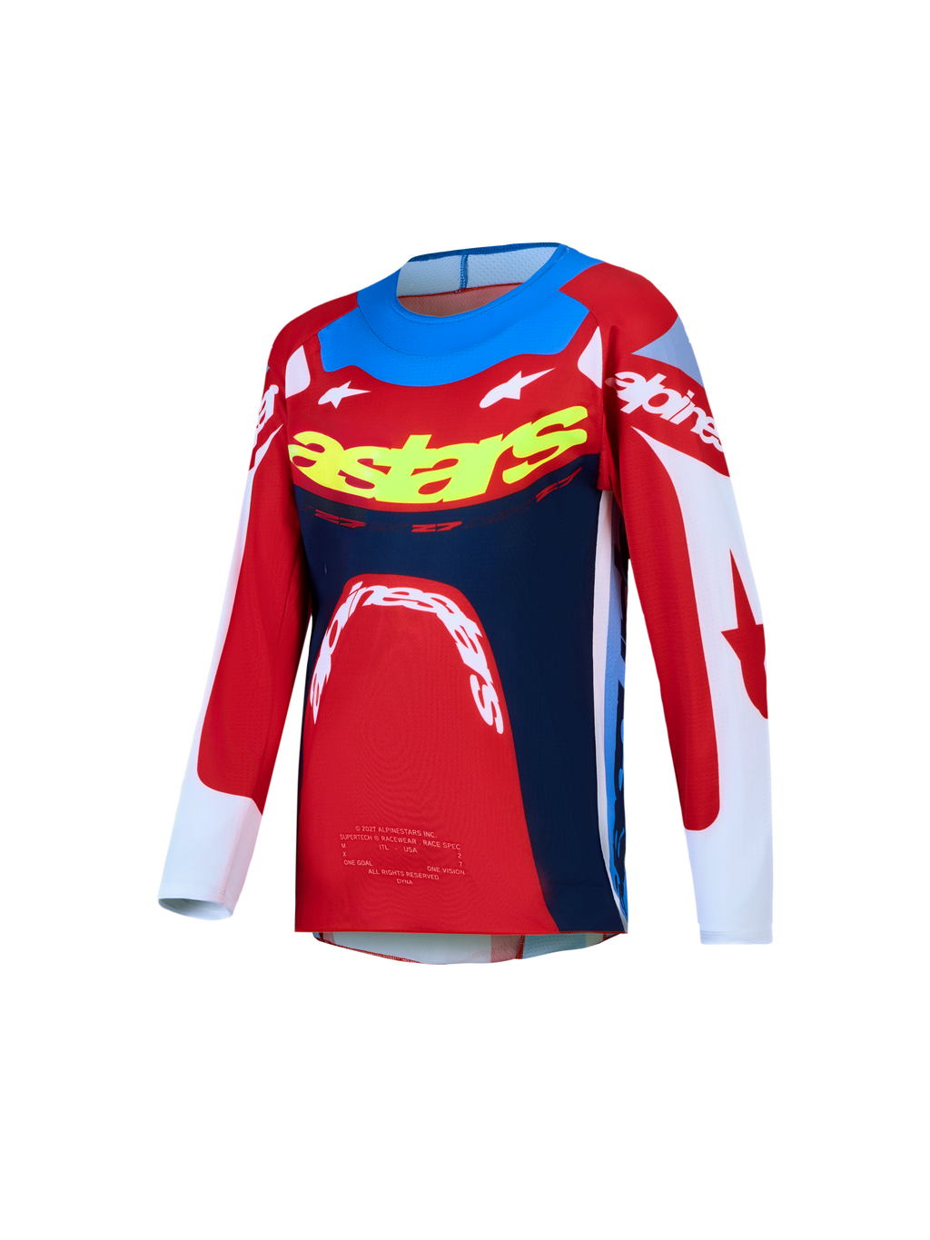 Alpinestars Supertech Dyna Jovem 2027, camisola de motocross vermelha e azul-marinho, em malha elástica ventilada.