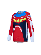 Alpinestars Supertech Dyna Jovem 2027, camisola de motocross vermelha e azul-marinho, em malha elástica ventilada.