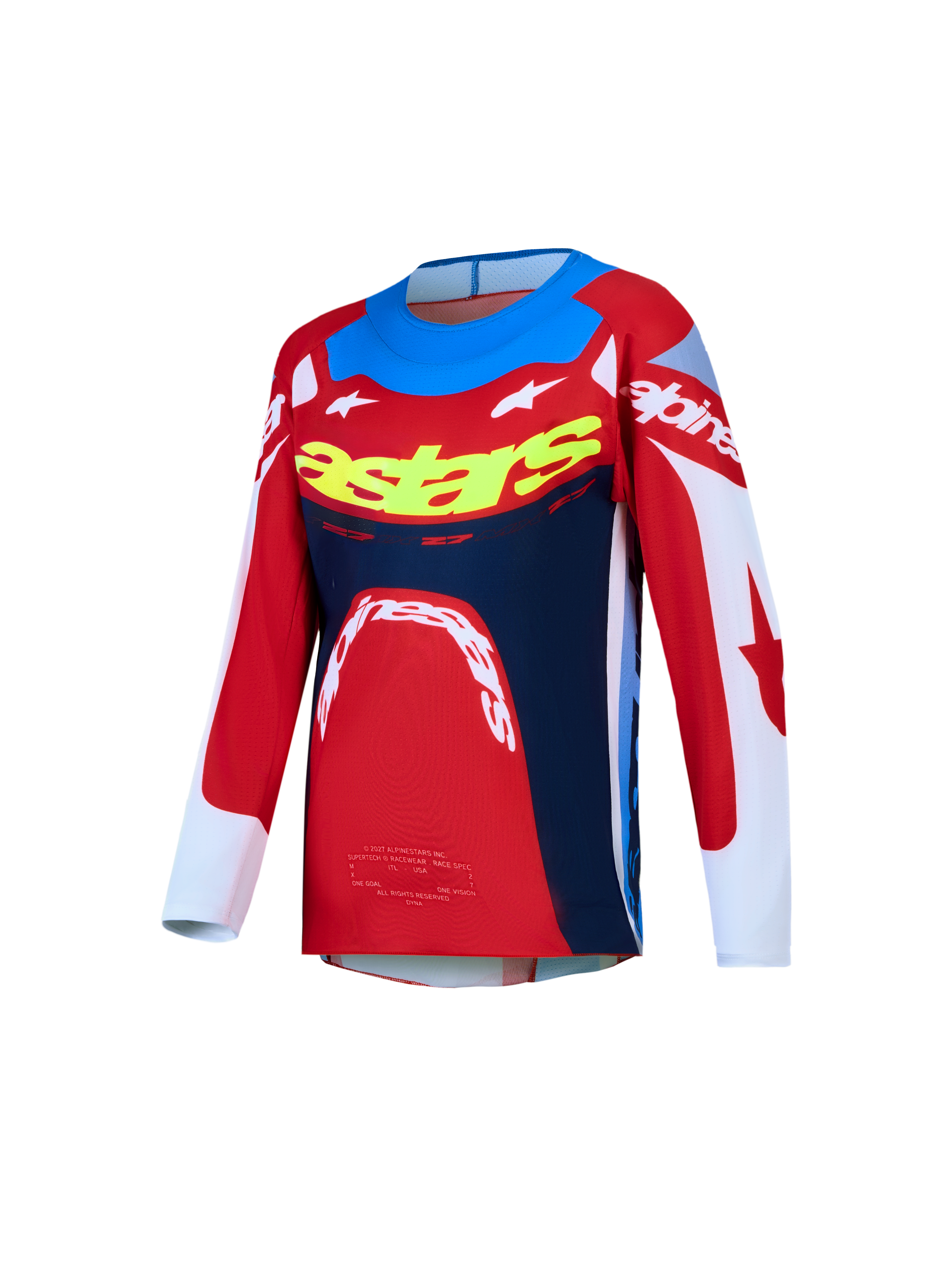 Alpinestars Supertech Dyna Jovem 2027, camisola de motocross vermelha e azul-marinho, em malha elástica ventilada.
