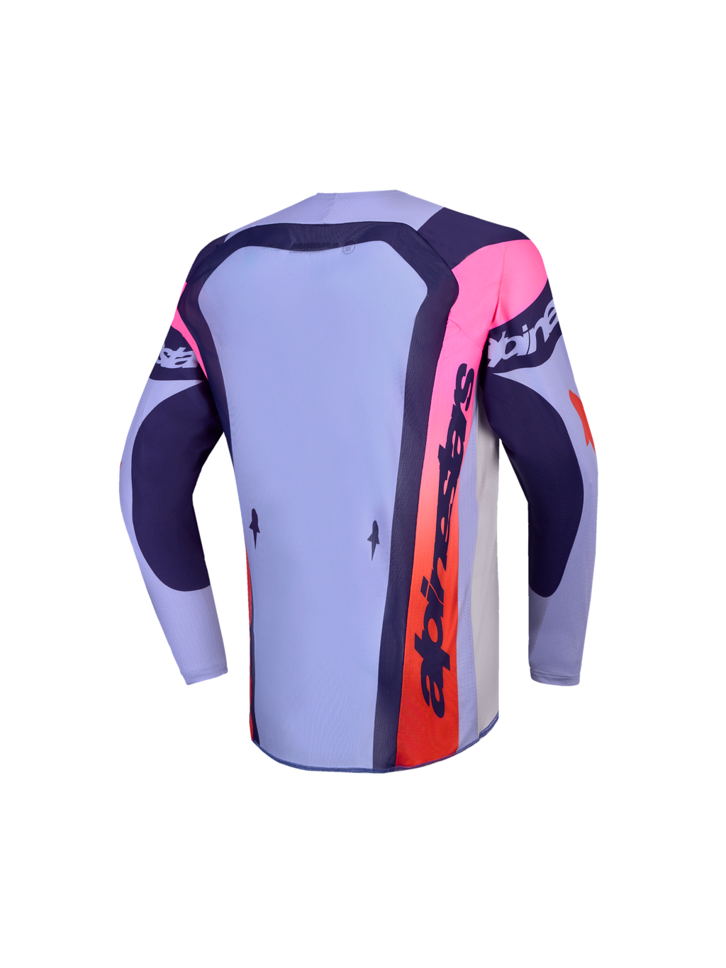 Alpinestars Supertech Dyna Jovem 2027, camisola de motocross roxa e rosa, vista traseira com painel posterior alongado.