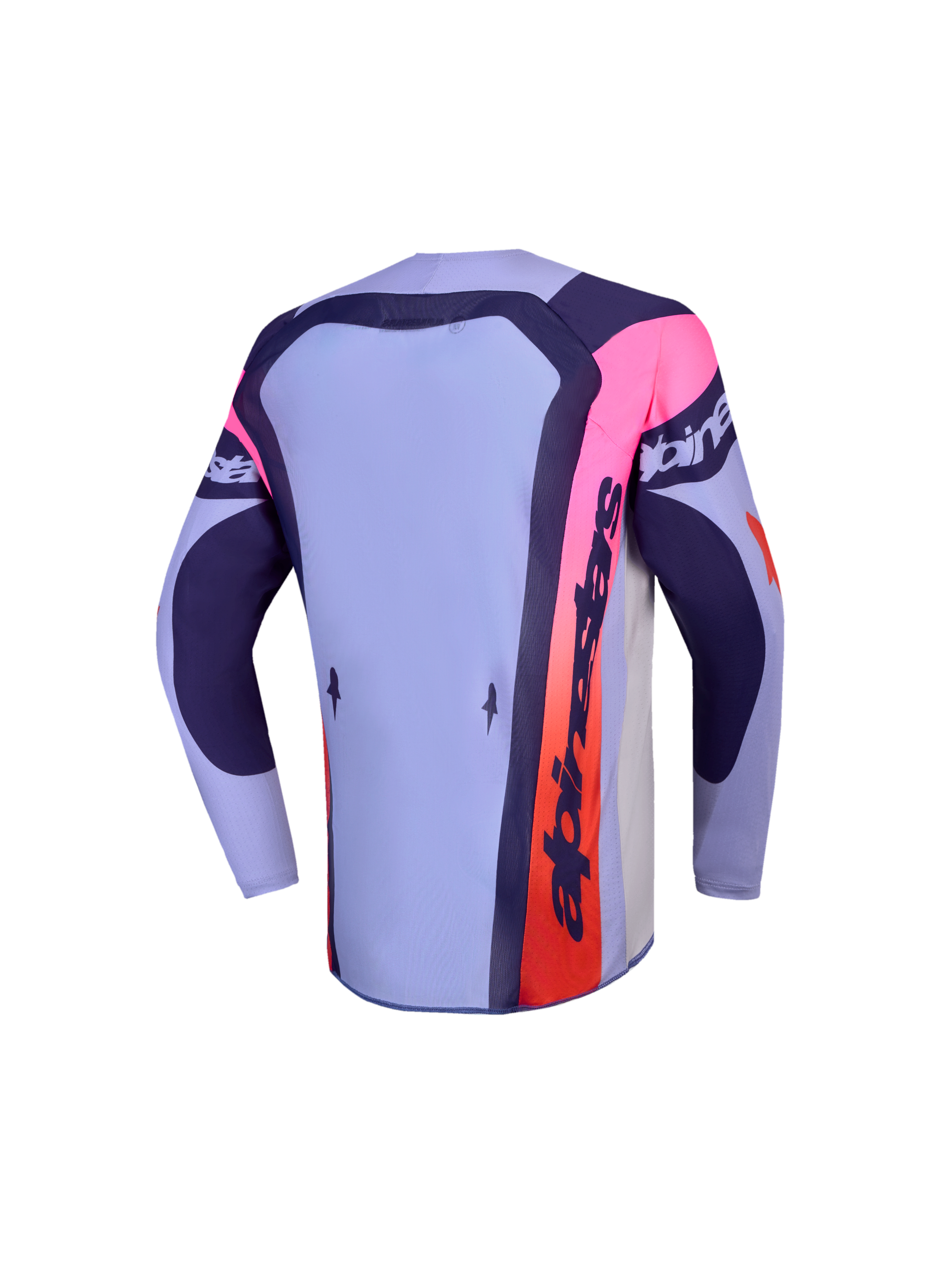 Alpinestars Supertech Dyna Jovem 2027, camisola de motocross roxa e rosa, vista traseira com painel posterior alongado.