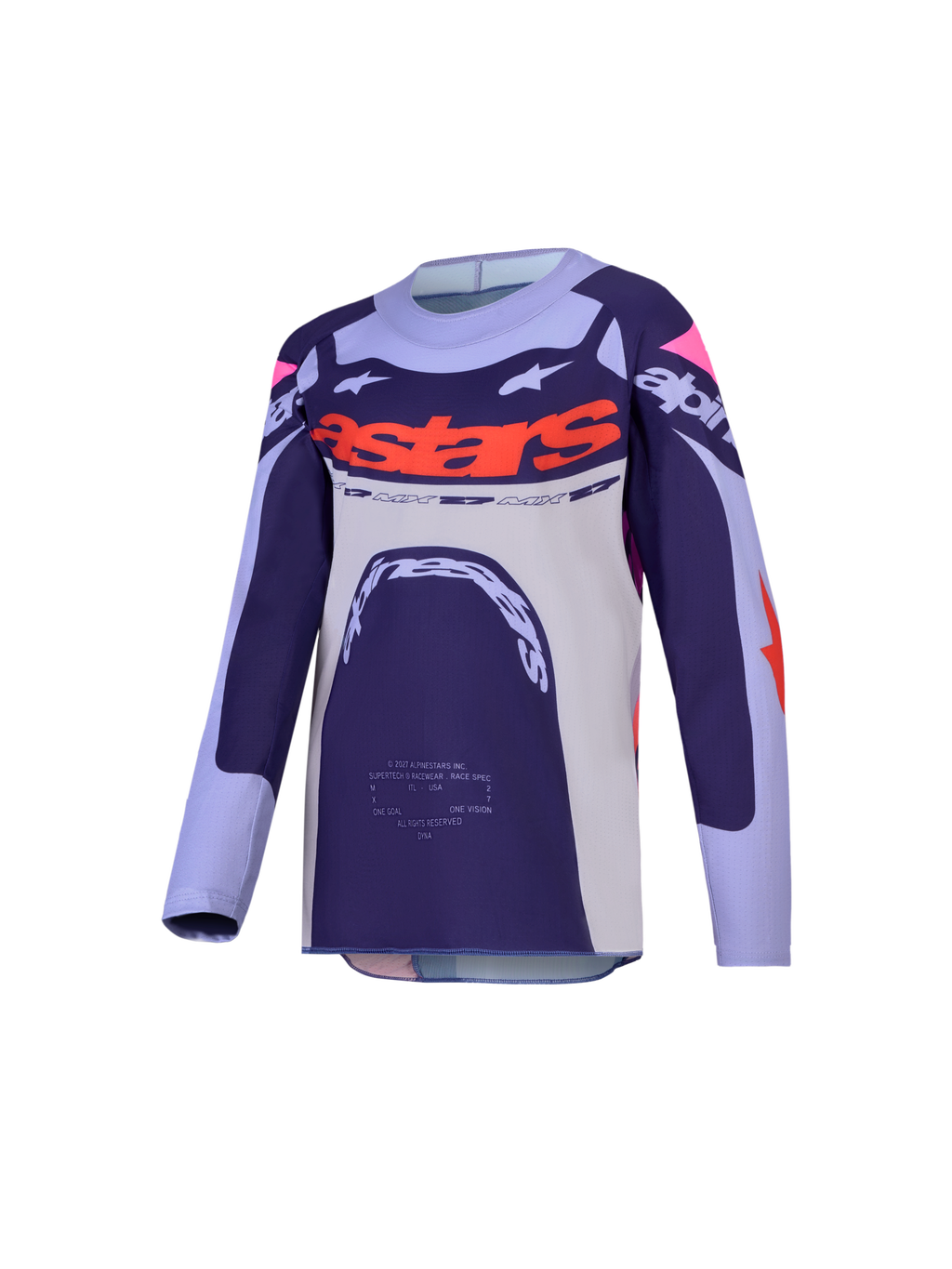 Alpinestars Camisola Supertech Dyna Jovem, camisola de motocross roxa e rosa com malha elástica ventilada.