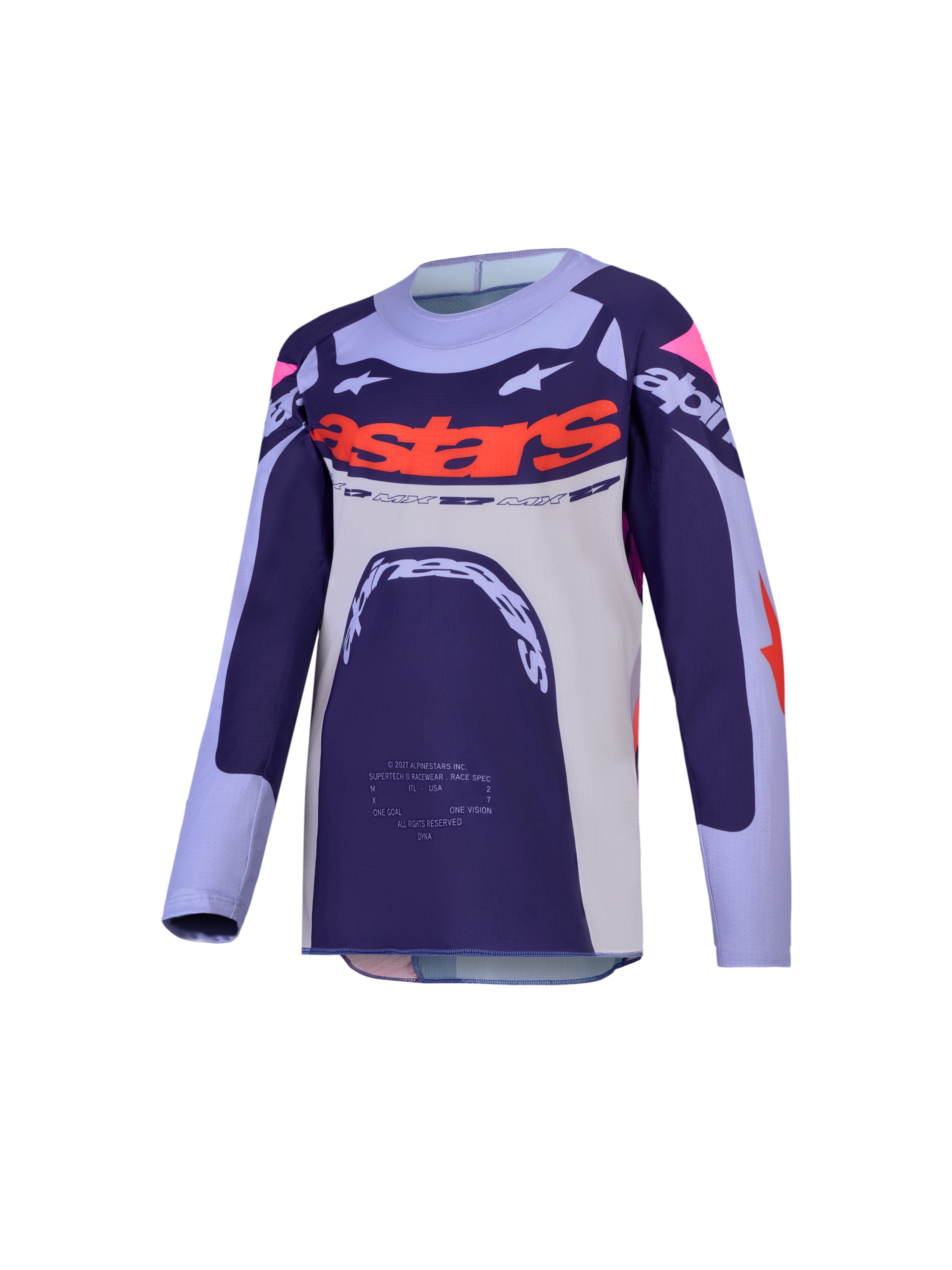 Alpinestars Camisola Supertech Dyna Jovem, camisola de motocross roxa e rosa com malha elástica ventilada.