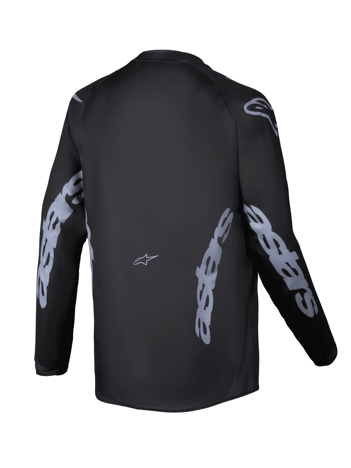 Alpinestars 2025 Youth Racer Graphite Jersey, vista traseira, preta e cinzenta, camisola de motocross de manga comprida com logótipos Alpinestars cinzentos nas mangas e laterais, tecido que absorve a humidade e corte traseiro alongado para condução todo-o-terreno