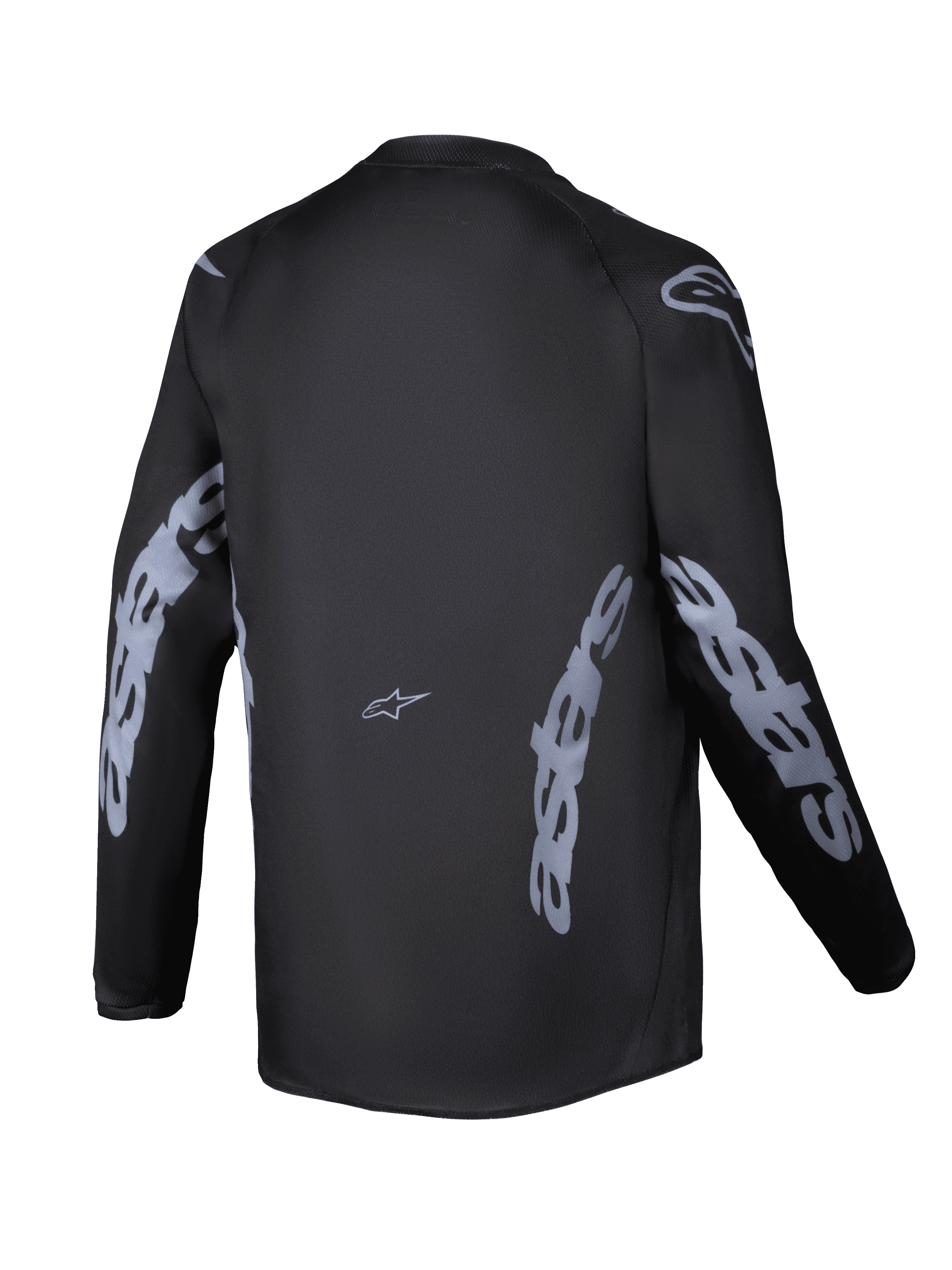 Alpinestars 2025 Youth Racer Graphite Jersey, vista traseira, preta e cinzenta, camisola de motocross de manga comprida com logótipos Alpinestars cinzentos nas mangas e laterais, tecido que absorve a humidade e corte traseiro alongado para condução todo-o-terreno