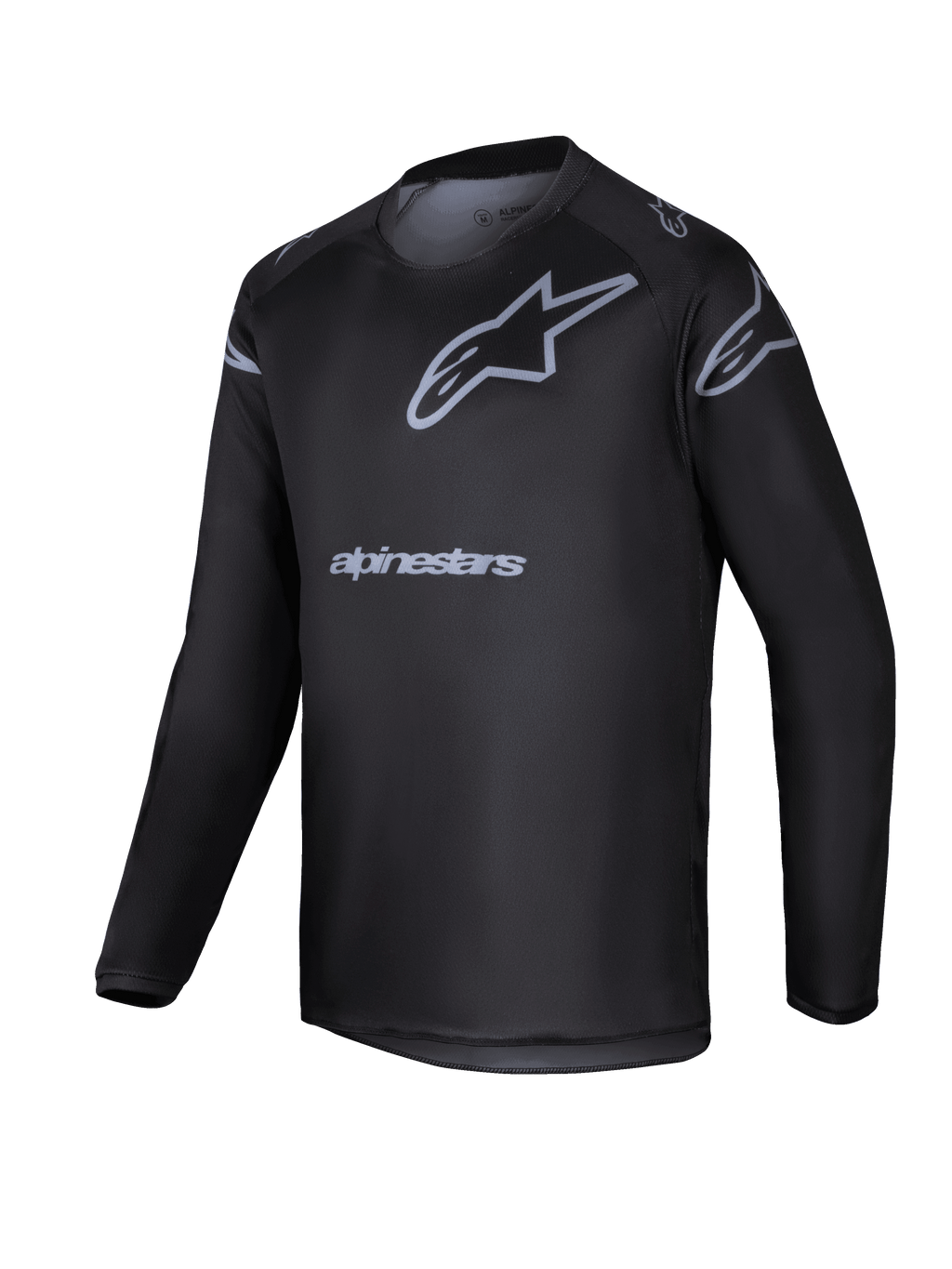 Alpinestars 2025 Youth Racer Graphite Jersey, camisola de motocross de manga comprida para jovens, preta e cinzenta, com logótipo de estrela cinzento e nome da marca, equipamento de performance leve para condução todo-o-terreno