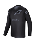 Alpinestars 2025 Youth Racer Graphite Jersey, camisola de motocross de manga comprida para jovens, preta e cinzenta, com logótipo de estrela cinzento e nome da marca, equipamento de performance leve para condução todo-o-terreno