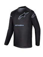 Alpinestars 2025 Youth Racer Graphite Jersey, camisola de motocross de manga comprida para jovens, preta e cinzenta, com logótipo de estrela cinzento e nome da marca, equipamento de performance leve para condução todo-o-terreno
