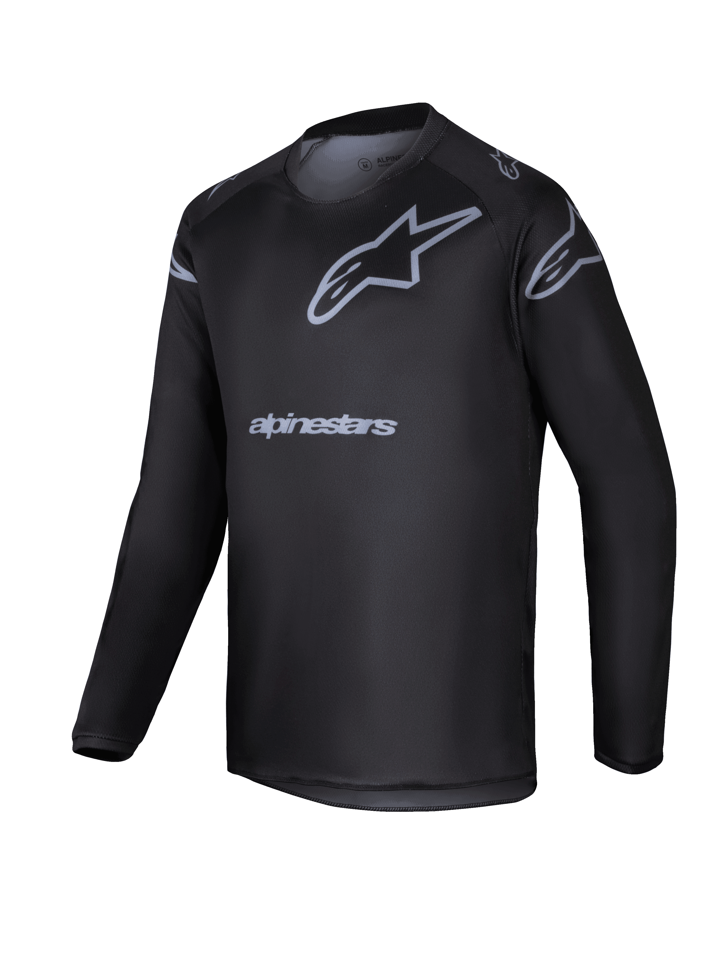 Alpinestars 2025 Youth Racer Graphite Jersey, camisola de motocross de manga comprida para jovens, preta e cinzenta, com logótipo de estrela cinzento e nome da marca, equipamento de performance leve para condução todo-o-terreno