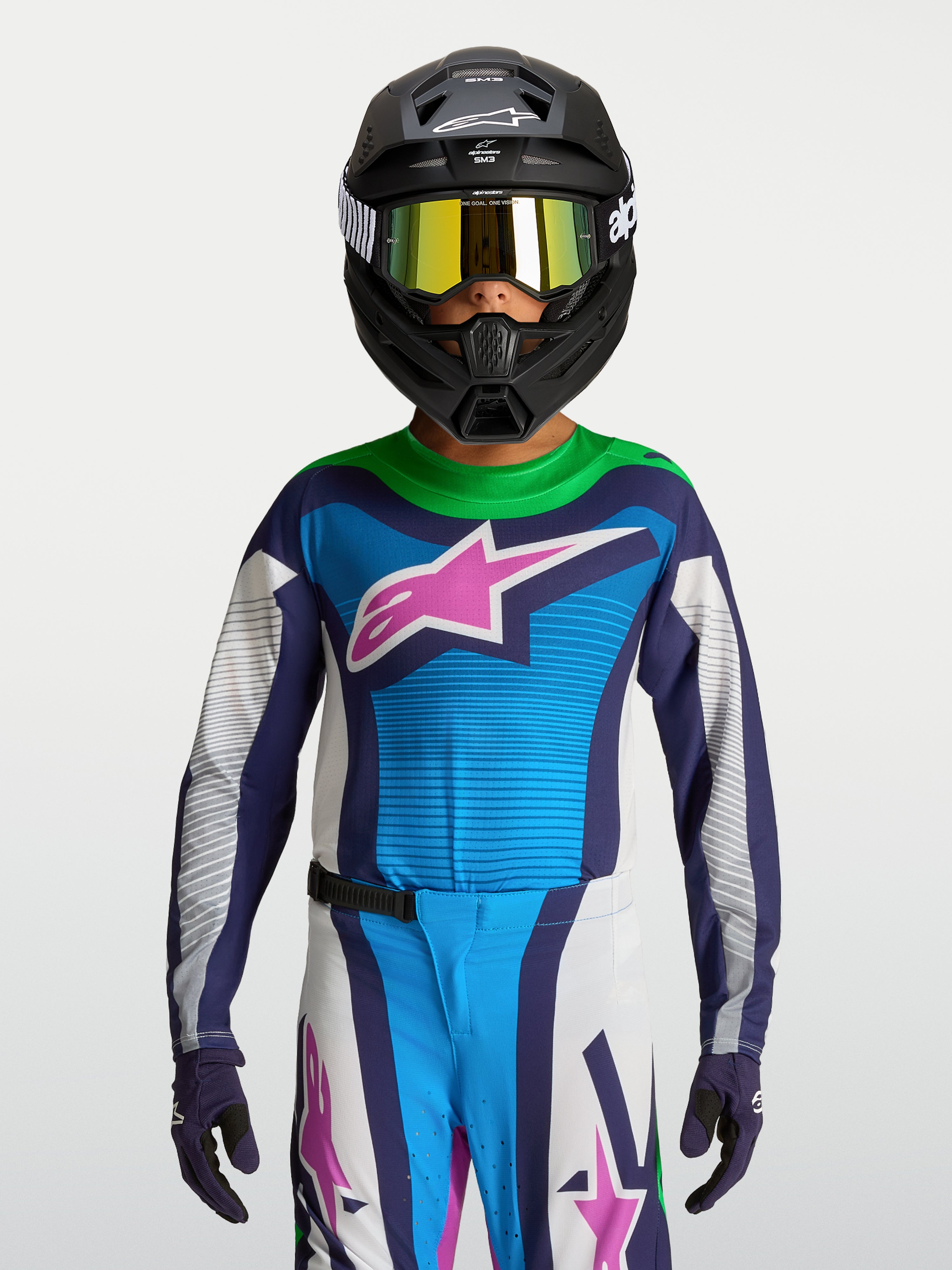 Alpinestars Camisola Supertech Maven Jovem, camisola de motocross azul e branca para juventude, ajuste de corrida.