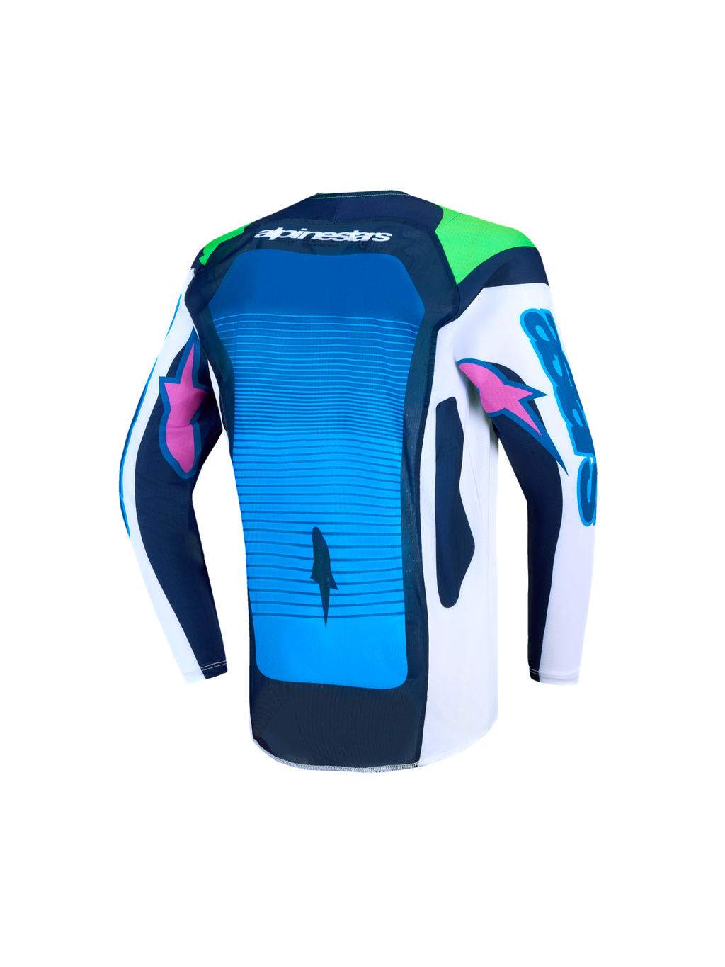 Alpinestars Camisola Supertech Maven Jovem, camisola de motocross azul e branca, vista traseira com malha ventilada.