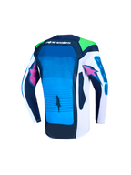 Alpinestars Camisola Supertech Maven Jovem, camisola de motocross azul e branca, vista traseira com malha ventilada.