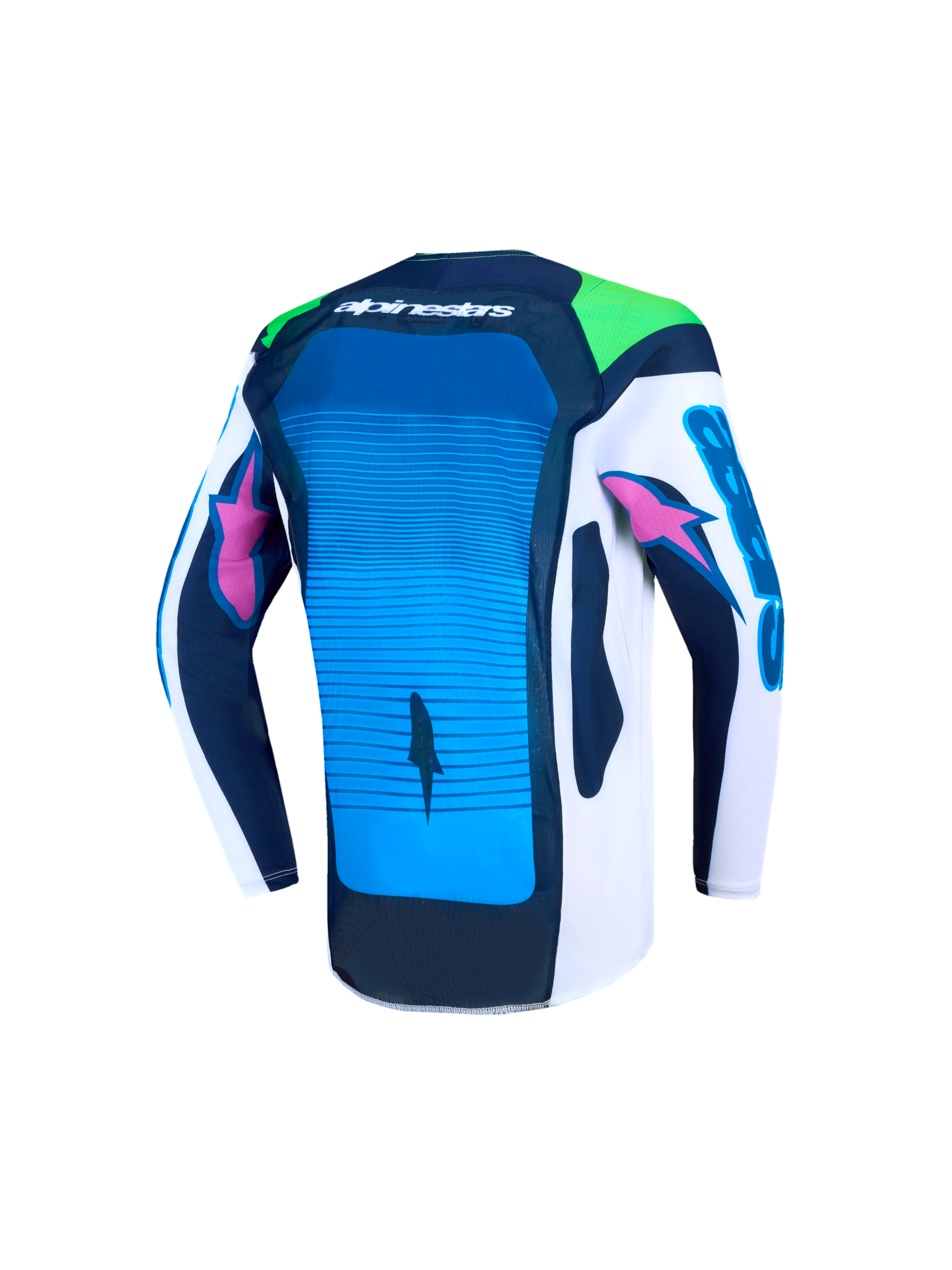 Alpinestars Camisola Supertech Maven Jovem, camisola de motocross azul e branca, vista traseira com malha ventilada.