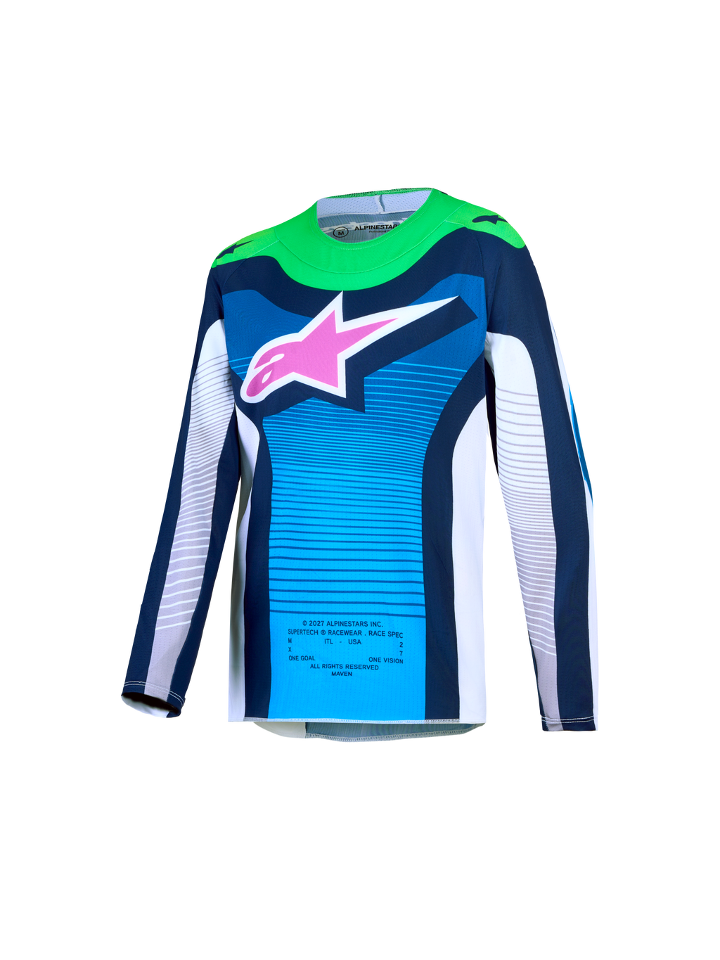 Alpinestars Supertech Maven Jovem, camisola de motocross azul e verde com logótipo rosa e malha respirável.