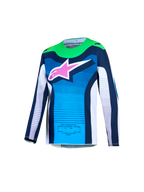 Alpinestars Supertech Maven Jovem, camisola de motocross azul e verde com logótipo rosa e malha respirável.
