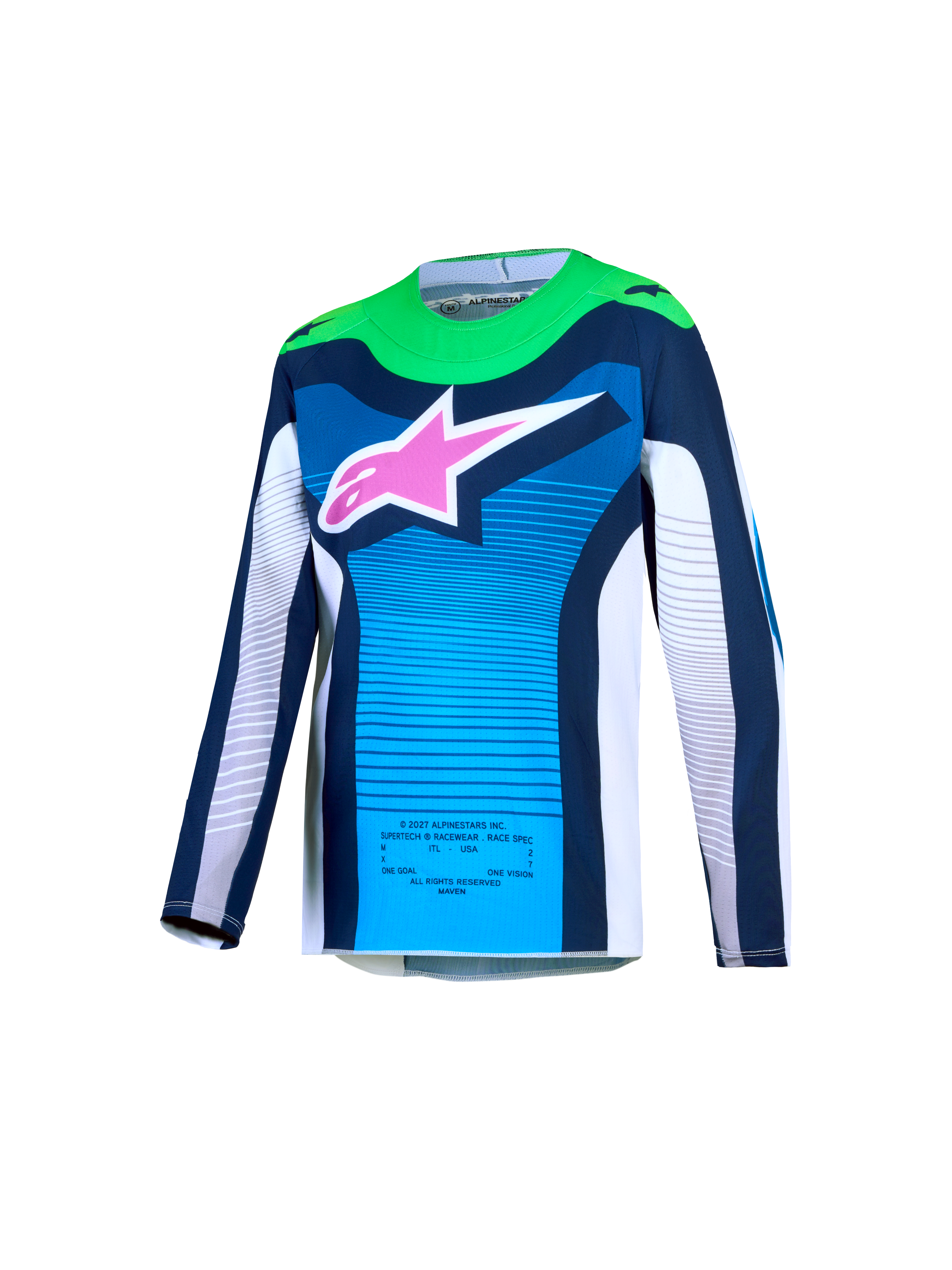 Alpinestars Supertech Maven Jovem, camisola de motocross azul e verde com logótipo rosa e malha respirável.