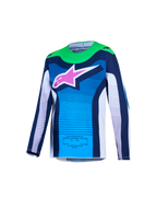 Alpinestars Youth Supertech Maven Jersey AND Gear Set, blue and white motocross jersey with green accents and pink star logo.