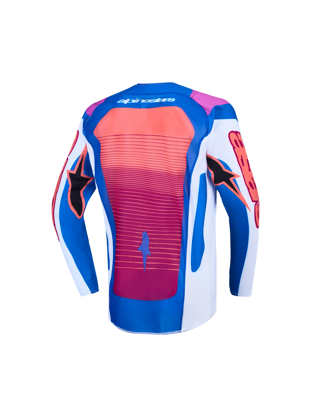 Camisola Supertech Maven juventude Alpinestars para motocross, azul, branca e coral, vista traseira.