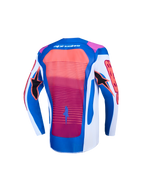 Camisola Supertech Maven juventude Alpinestars para motocross, azul, branca e coral, vista traseira.