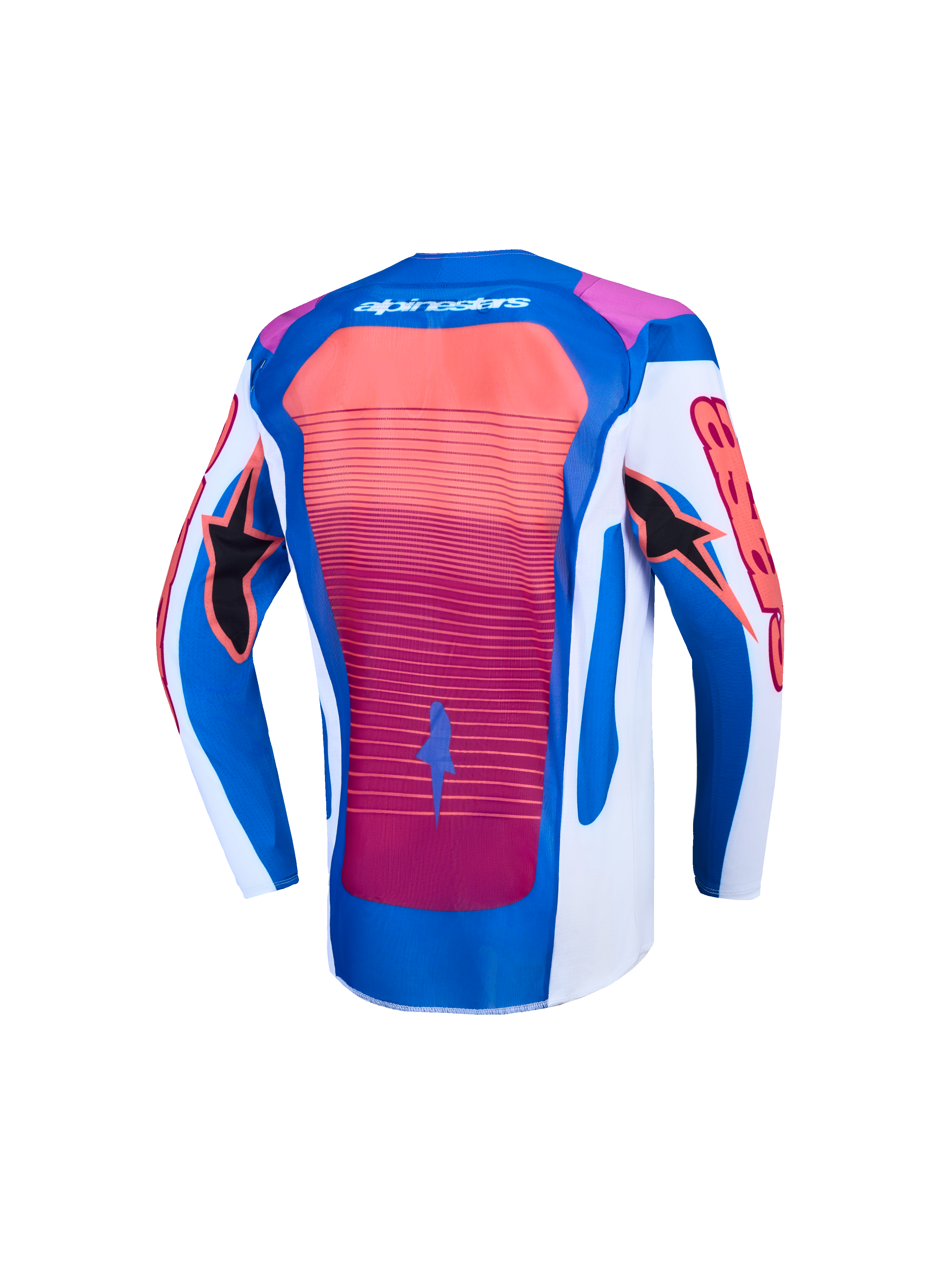 Camisola Supertech Maven juventude Alpinestars para motocross, azul, branca e coral, vista traseira.