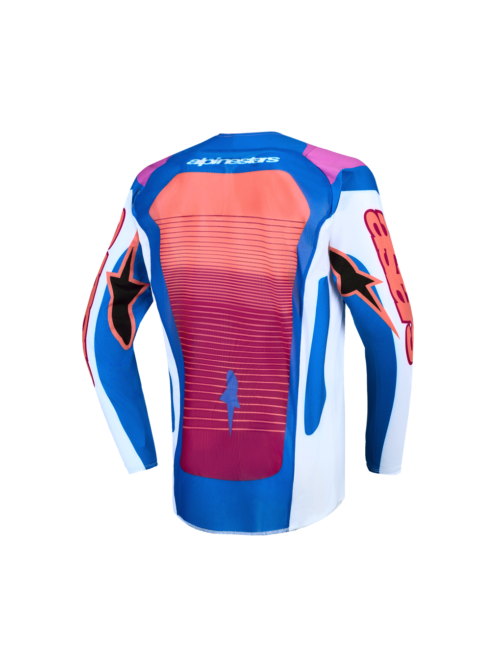 Alpinestars camisola Supertech Maven Jovem, camisola de motocross, azul, branca e coral, vista traseira com malha ventilada