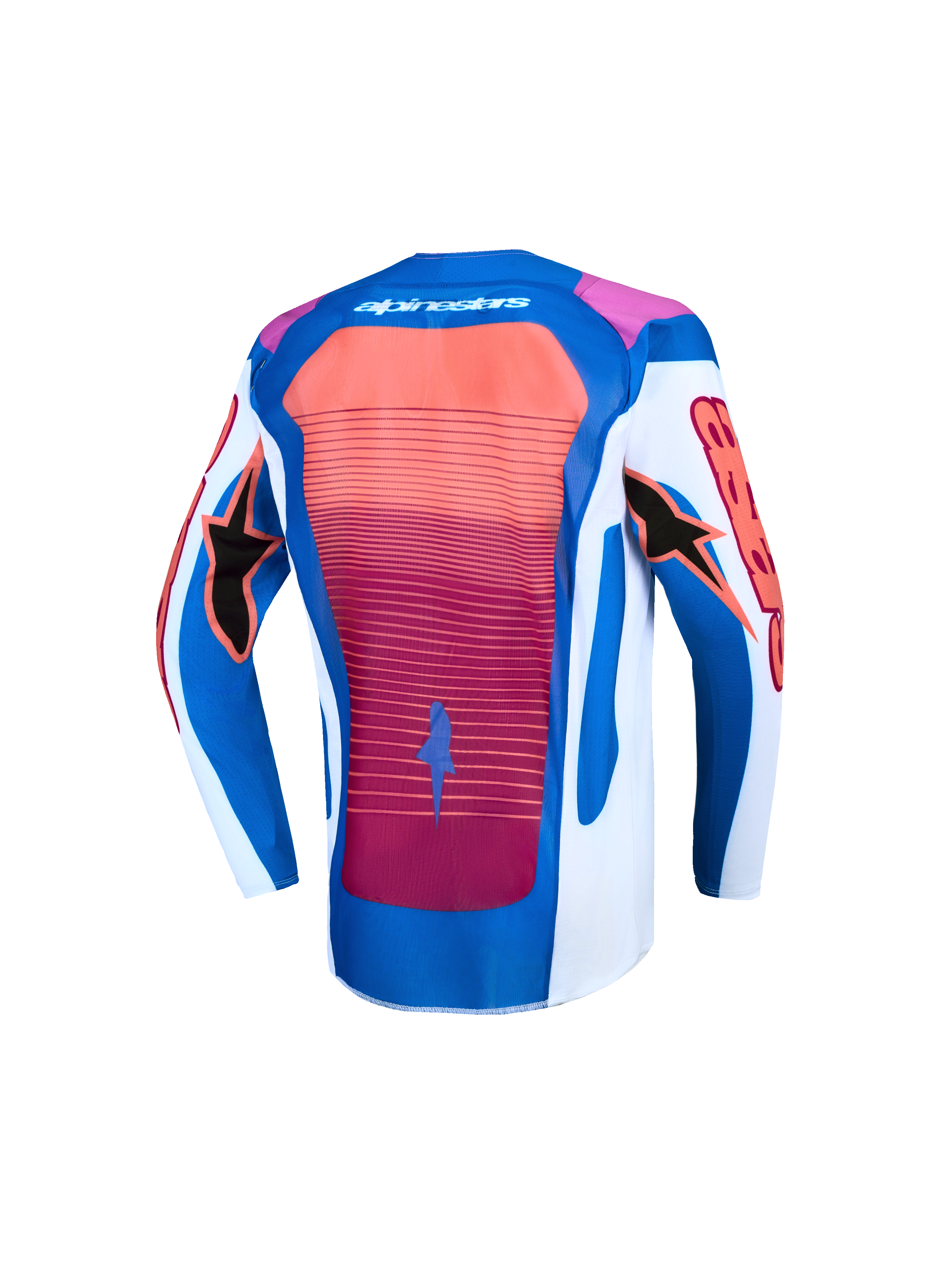 Alpinestars camisola Supertech Maven Jovem, camisola de motocross, azul, branca e coral, vista traseira com malha ventilada