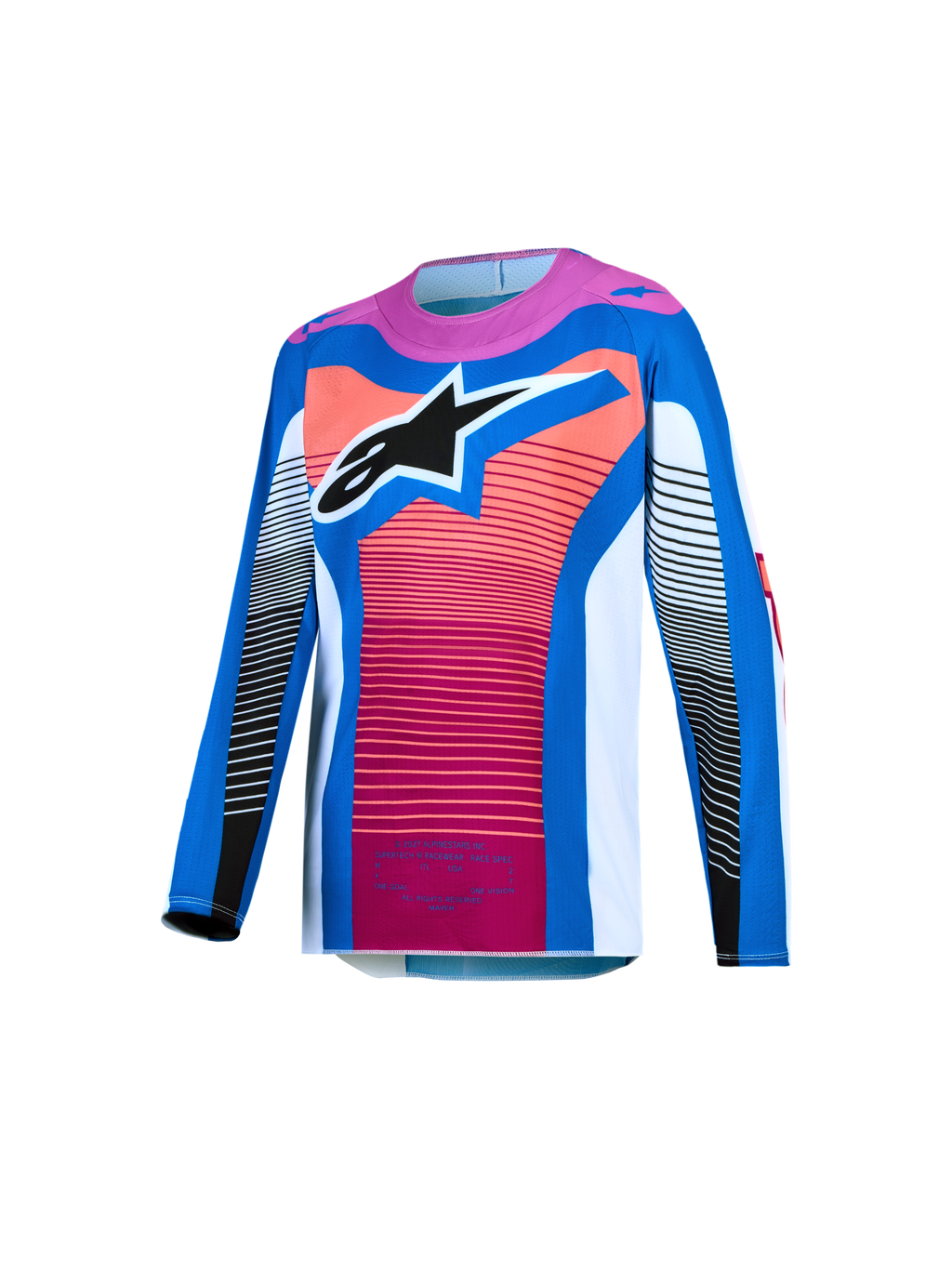 Alpinestars Supertech Maven Jovem, camisola de motocross, azul e coral, malha elástica com logótipo Astars grande