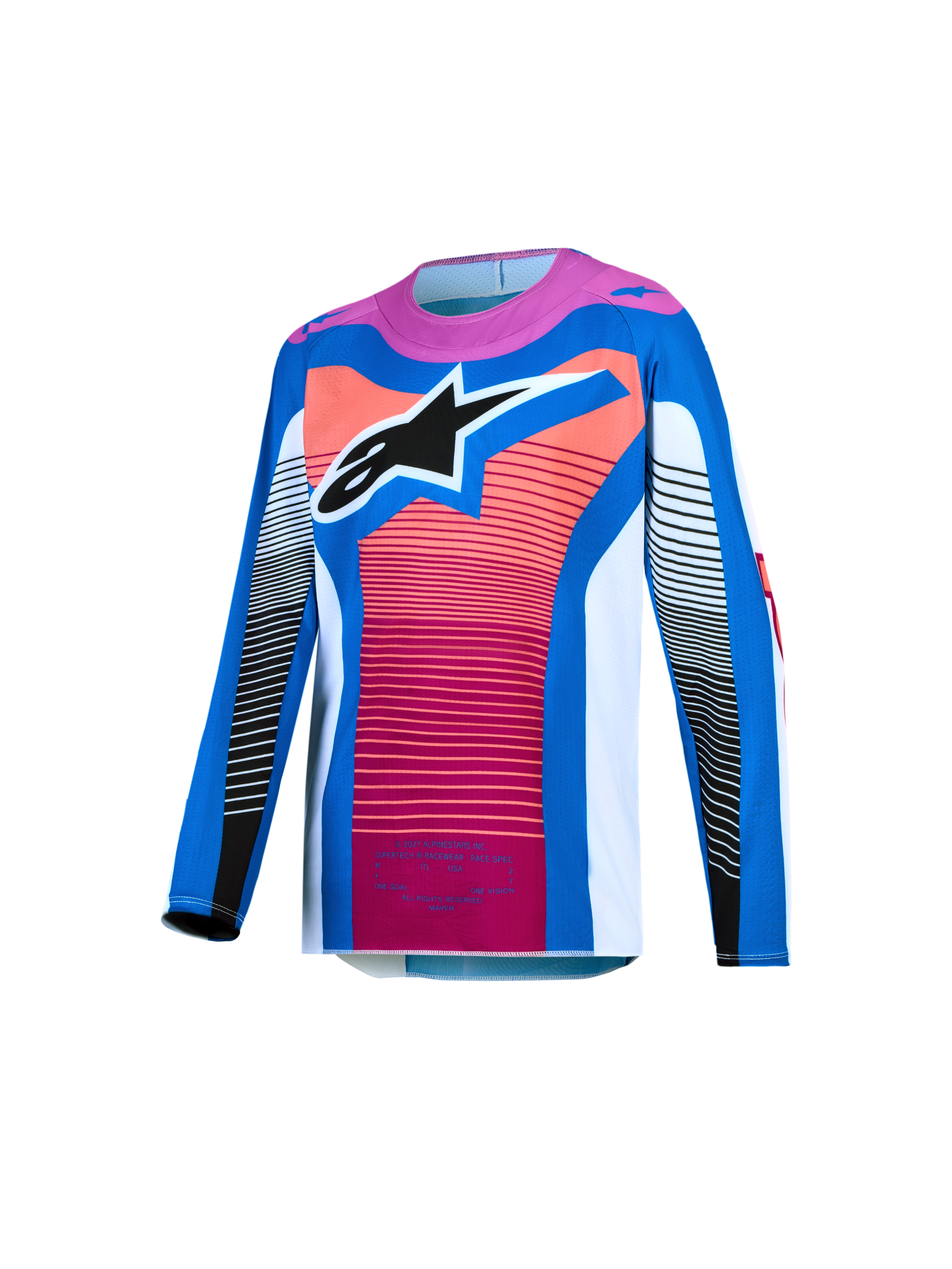 Alpinestars Supertech Maven Jovem, camisola de motocross, azul e coral, malha elástica com logótipo Astars grande