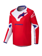 Alpinestars 2025 Youth Racer Veil Jersey, Motocross Jersey, Red with White and Blue accents, long sleeve moisture-wicking fabric, large Alpinestars logos on chest and shoulders, blue inner collar, performance off-road apparel
