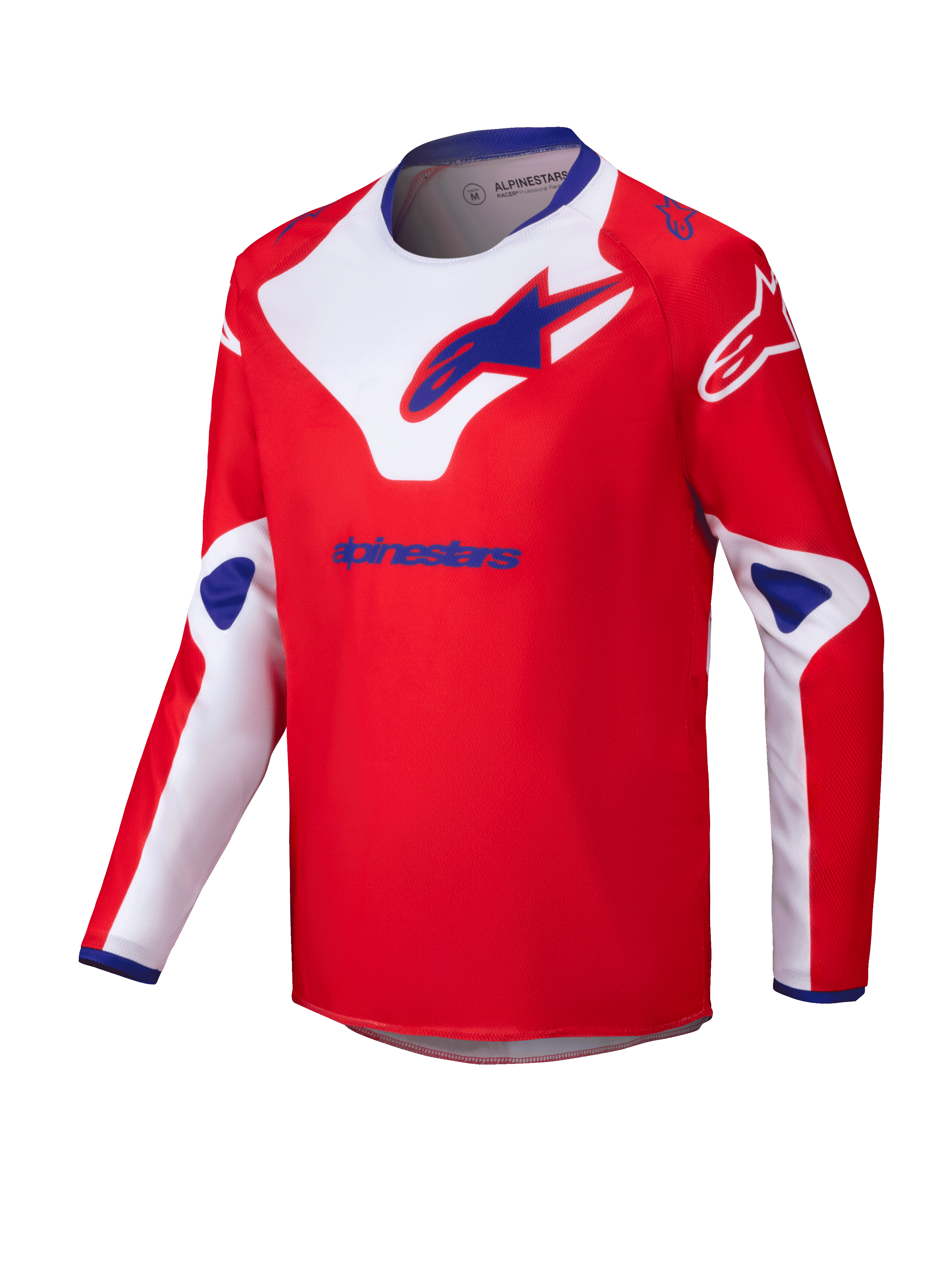 Alpinestars 2025 Youth Racer Veil Jersey, camisola de motocross para jovens, vermelha com detalhes brancos e azuis, tecido de manga comprida que absorve a humidade, logótipos Alpinestars grandes no peito e ombros, gola interna azul, equipamento de performance para todo-o-terreno