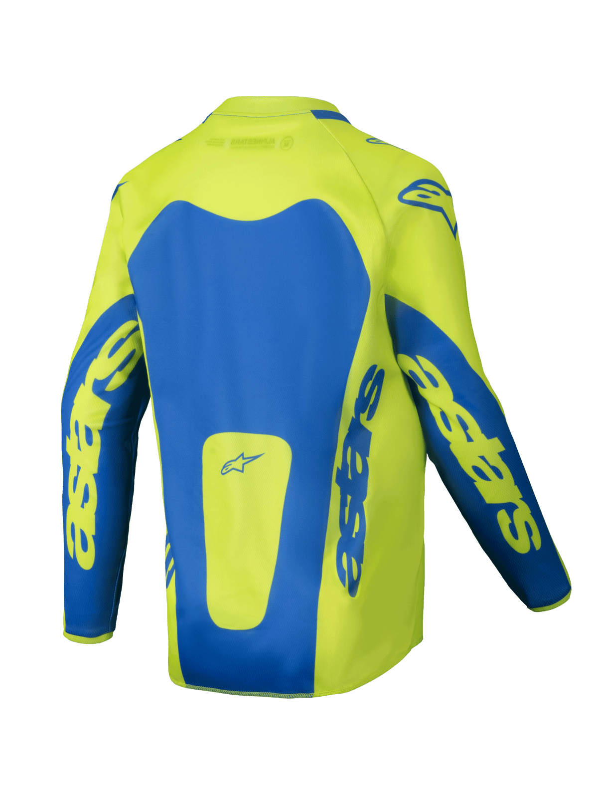 Alpinestars 2025 Youth Racer Veil Jersey, camisola de motocross para jovens, amarelo néon e azul, vista traseira com painéis azuis destacados e logótipos astars nas mangas, design com parte traseira mais comprida para cobertura, tecido leve que absorve a humidade para corridas de todo-o-terreno