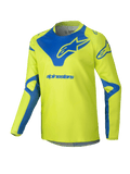 Alpinestars 2025 Youth Racer Veil Jersey, Motocross Jersey, Yellow Fluo and Blue, long-sleeve technical top, blue Alpinestars logo on chest and shoulders, lightweight moisture-wicking fabric for off-road racing