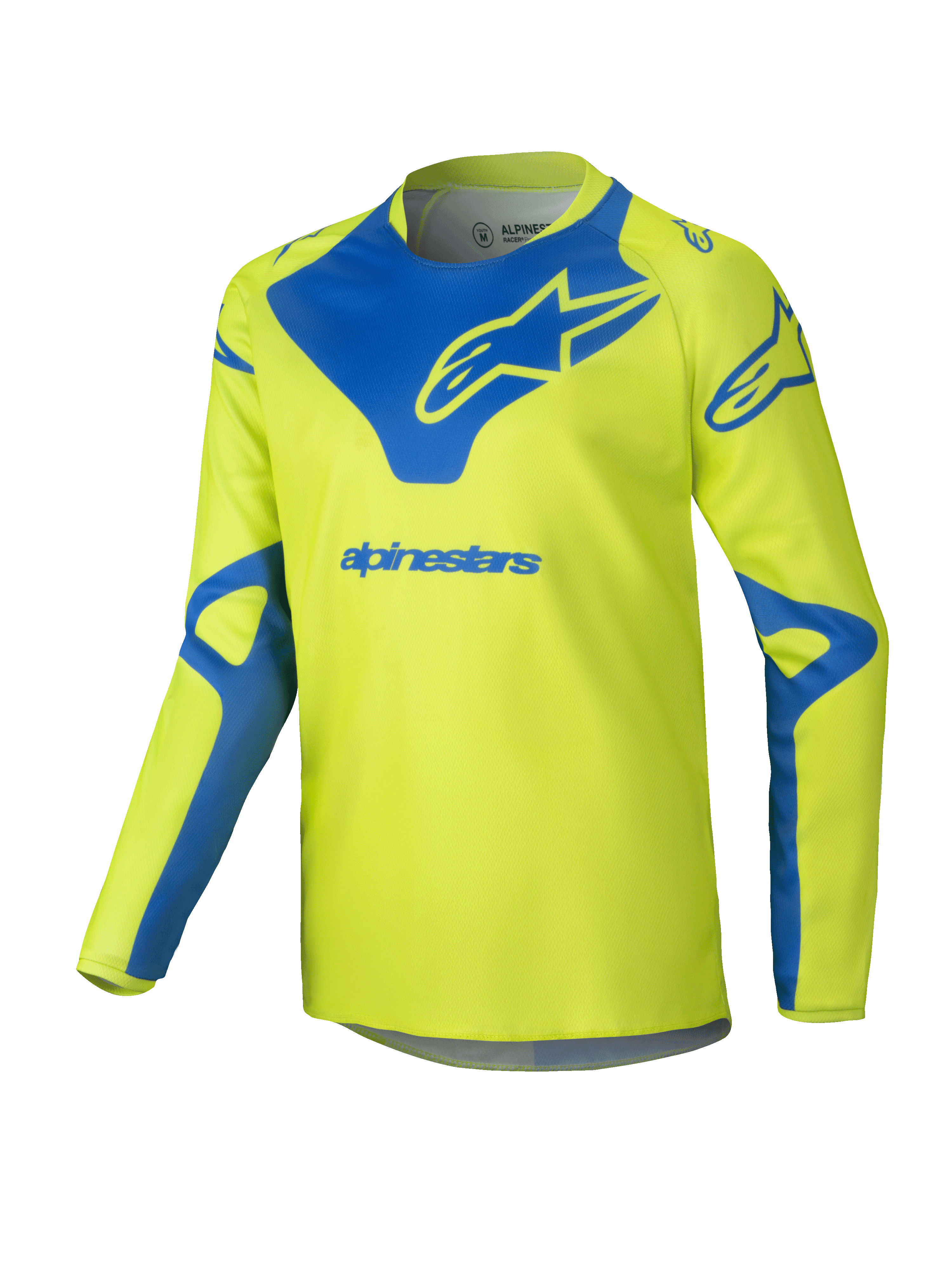 Alpinestars 2025 Youth Racer Veil Jersey, camisola de motocross, amarelo néon e azul, camisola técnica de manga comprida, logótipo Alpinestars azul no peito e ombros, tecido leve que absorve a humidade para corridas de todo-o-terreno