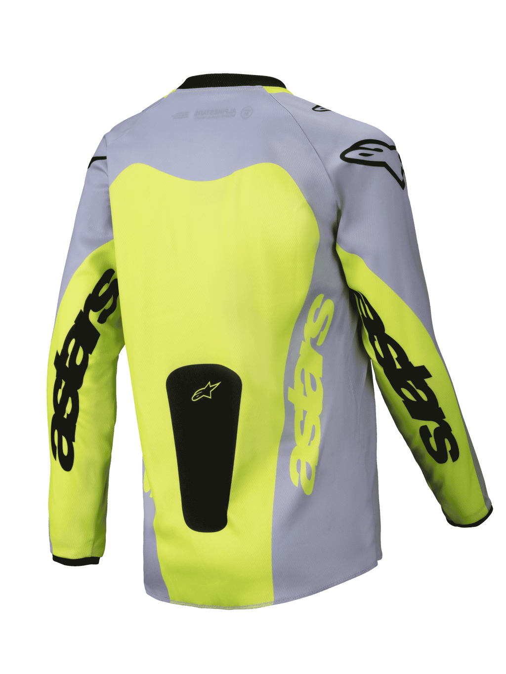 Alpinestars 2025 Youth Racer Veil Jersey, vista traseira, cinzento e amarelo fluorescente, com um grande painel traseiro amarelo e logótipos Astars nas mangas, logótipo preto na base, equipamento de motocross leve para todo-o-terreno