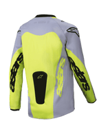 Alpinestars 2025 Youth Racer Veil Jersey, vista traseira, cinzento e amarelo fluorescente, com um grande painel traseiro amarelo e logótipos Astars nas mangas, logótipo preto na base, equipamento de motocross leve para todo-o-terreno