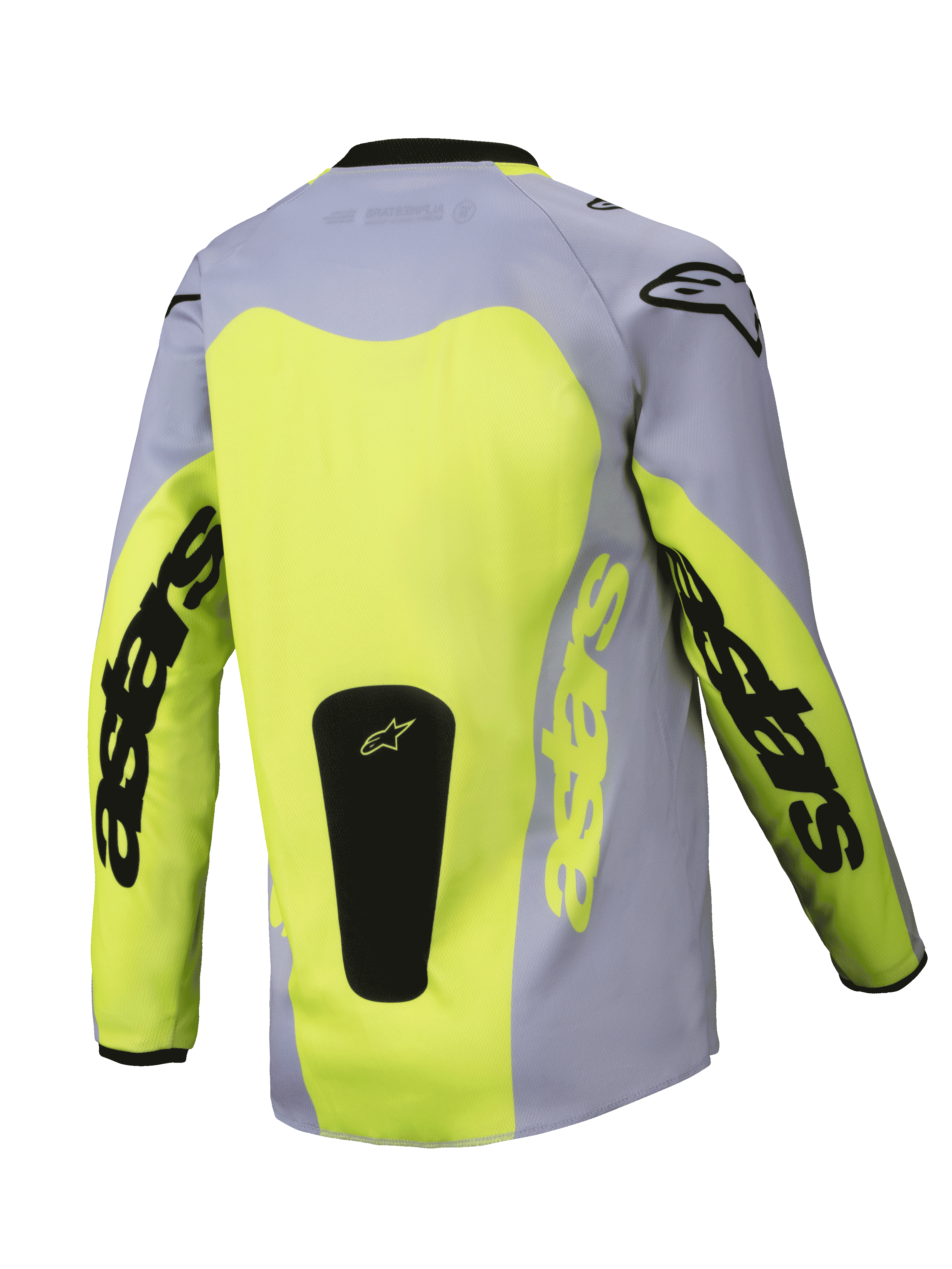Alpinestars 2025 Youth Racer Veil Jersey, vista traseira, cinzento e amarelo fluorescente, com um grande painel traseiro amarelo e logótipos Astars nas mangas, logótipo preto na base, equipamento de motocross leve para todo-o-terreno