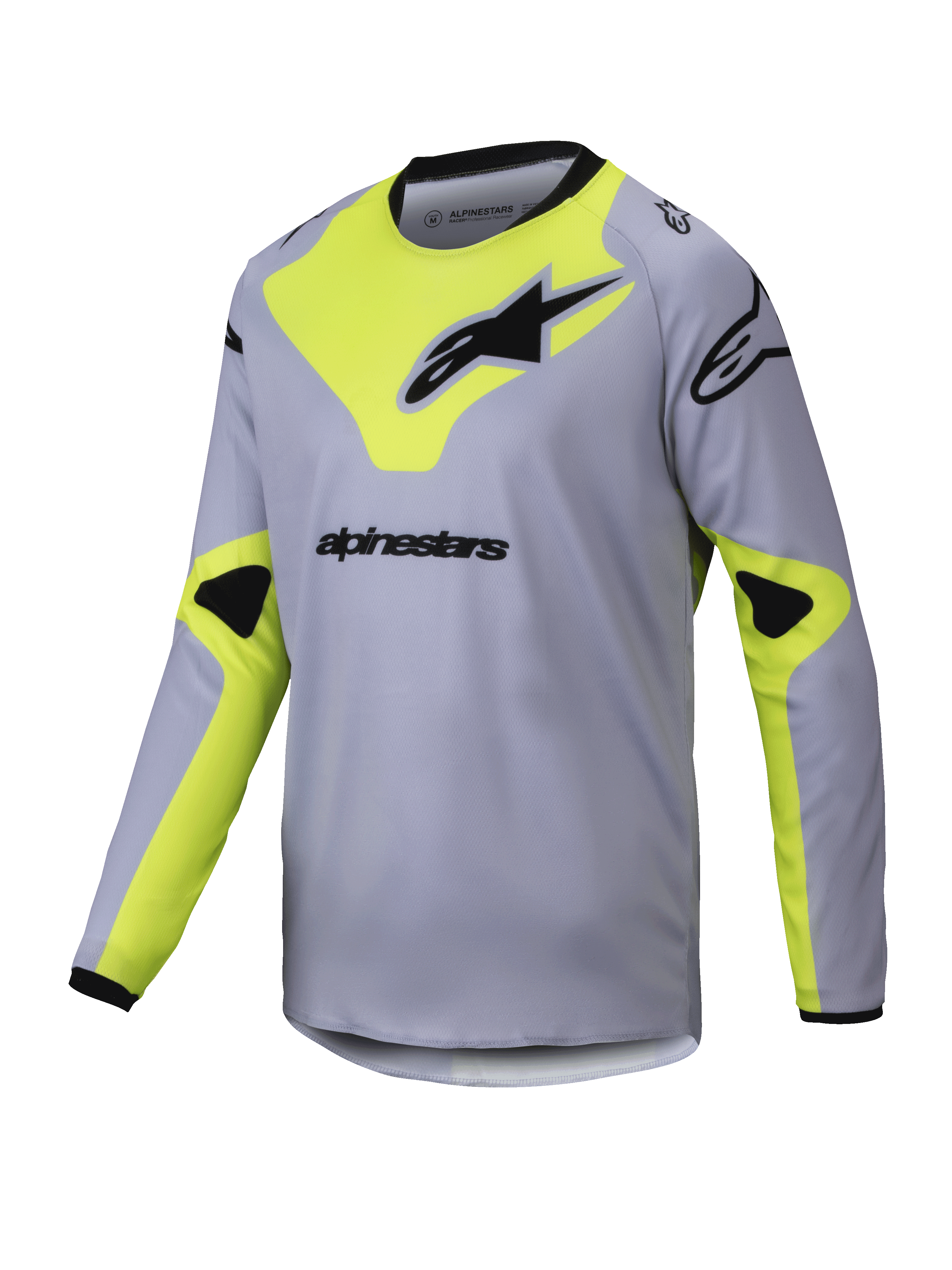 Alpinestars 2025 Youth Racer Veil Jersey, camisola de motocross de manga comprida para jovens, cinzenta e amarelo néon com logótipos pretos, gola e punhos pretos, tecido leve e respirável, design geométrico