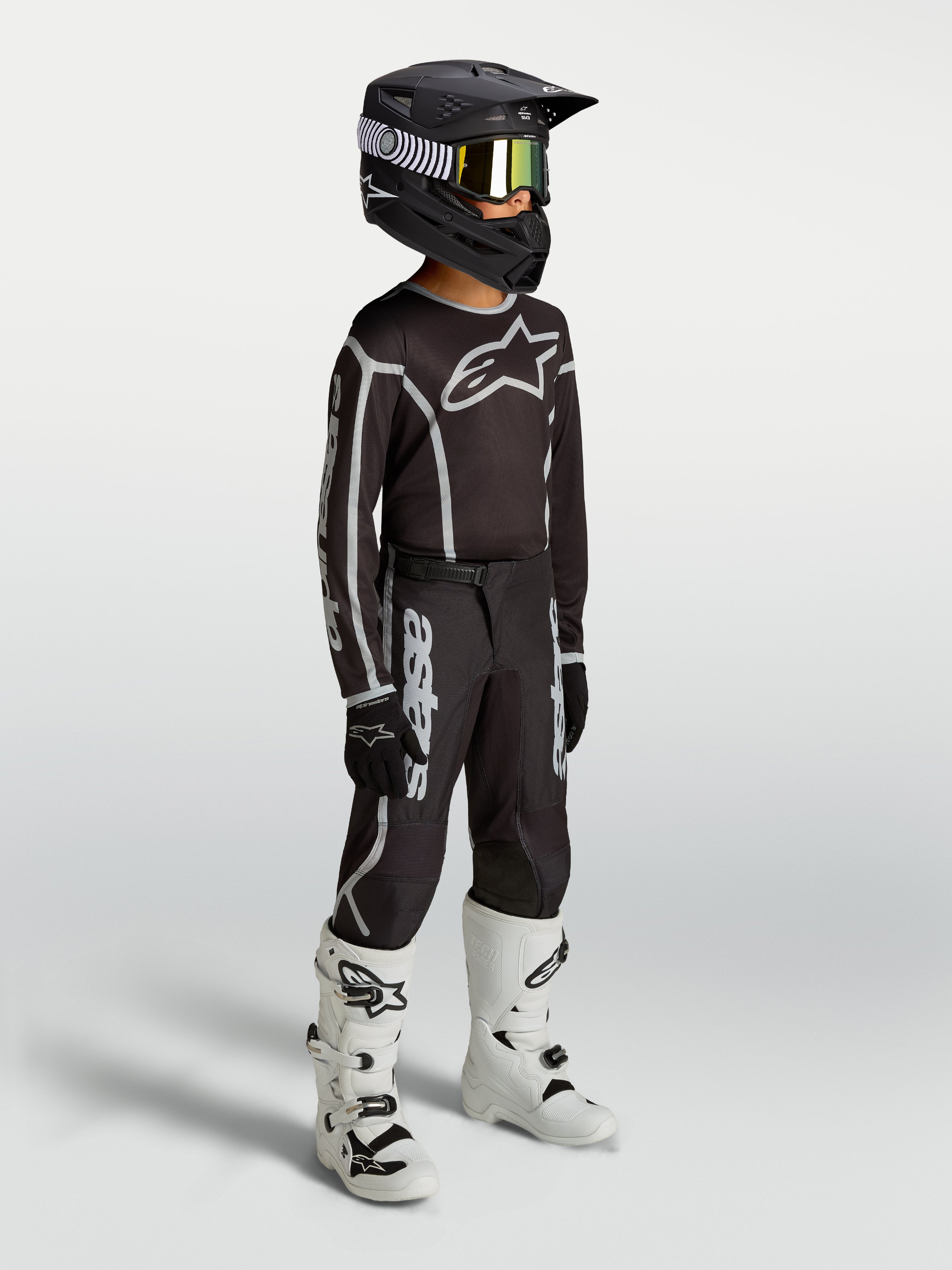 Alpinestars Juventude Fluid Apex V2 camisola e gear set, equipamento de motocross para jovens, preto e prateado, respirável.