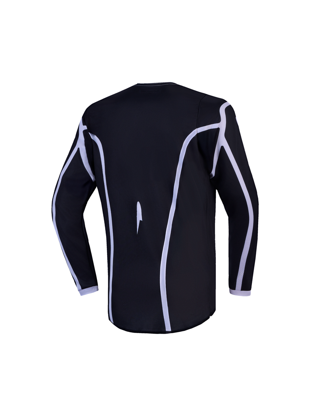 Alpinestars Camisola Fluid Apex V2 Jovem, camisola de motocross preta e branca, vista traseira, corte ergonómico e bainha traseira alongada.