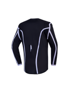 Alpinestars Camisola Fluid Apex V2 Jovem, camisola de motocross preta e branca, vista traseira, corte ergonómico e bainha traseira alongada.