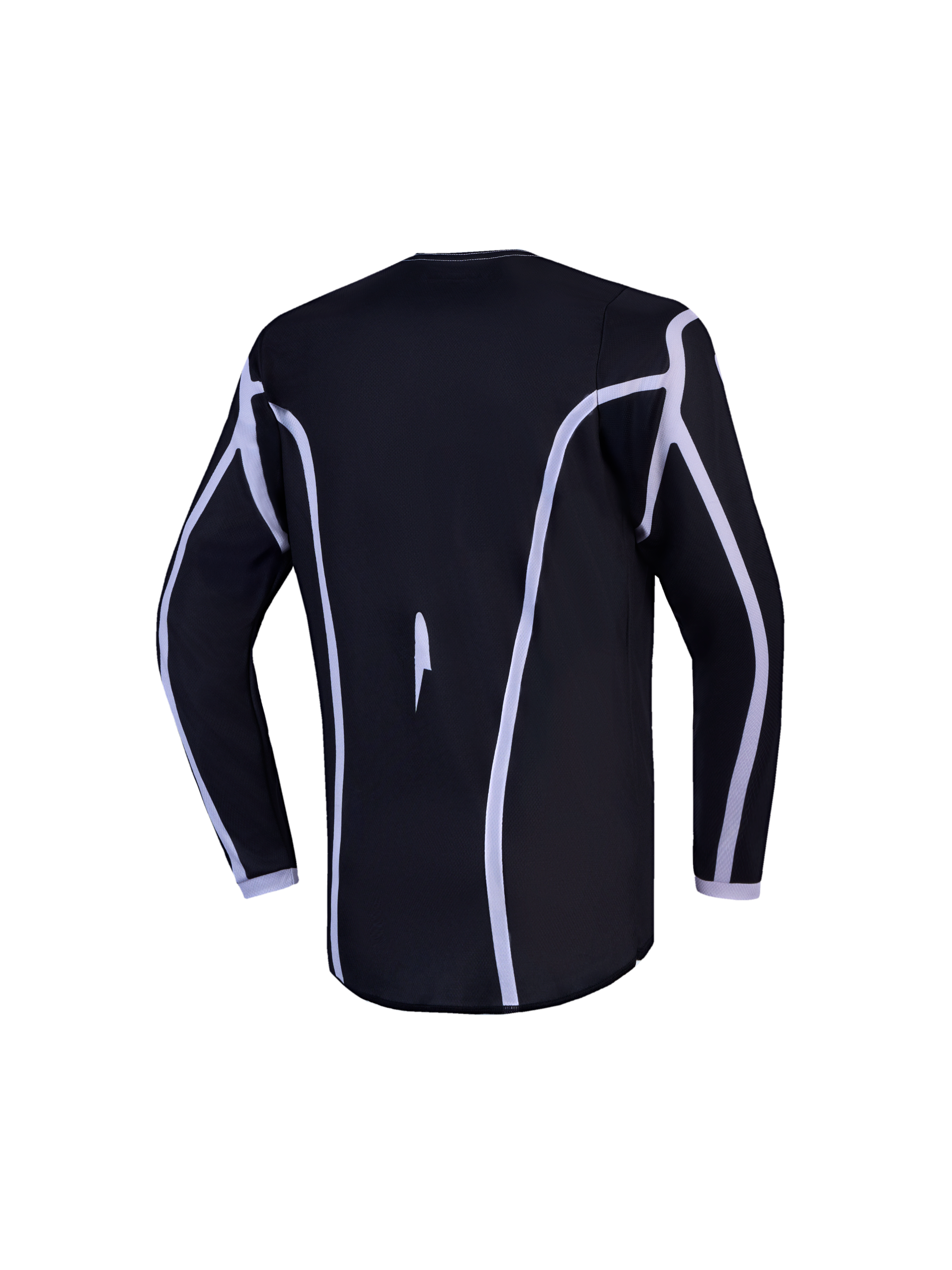 Alpinestars Camisola Fluid Apex V2 Jovem, camisola de motocross preta e branca, vista traseira, corte ergonómico e bainha traseira alongada.