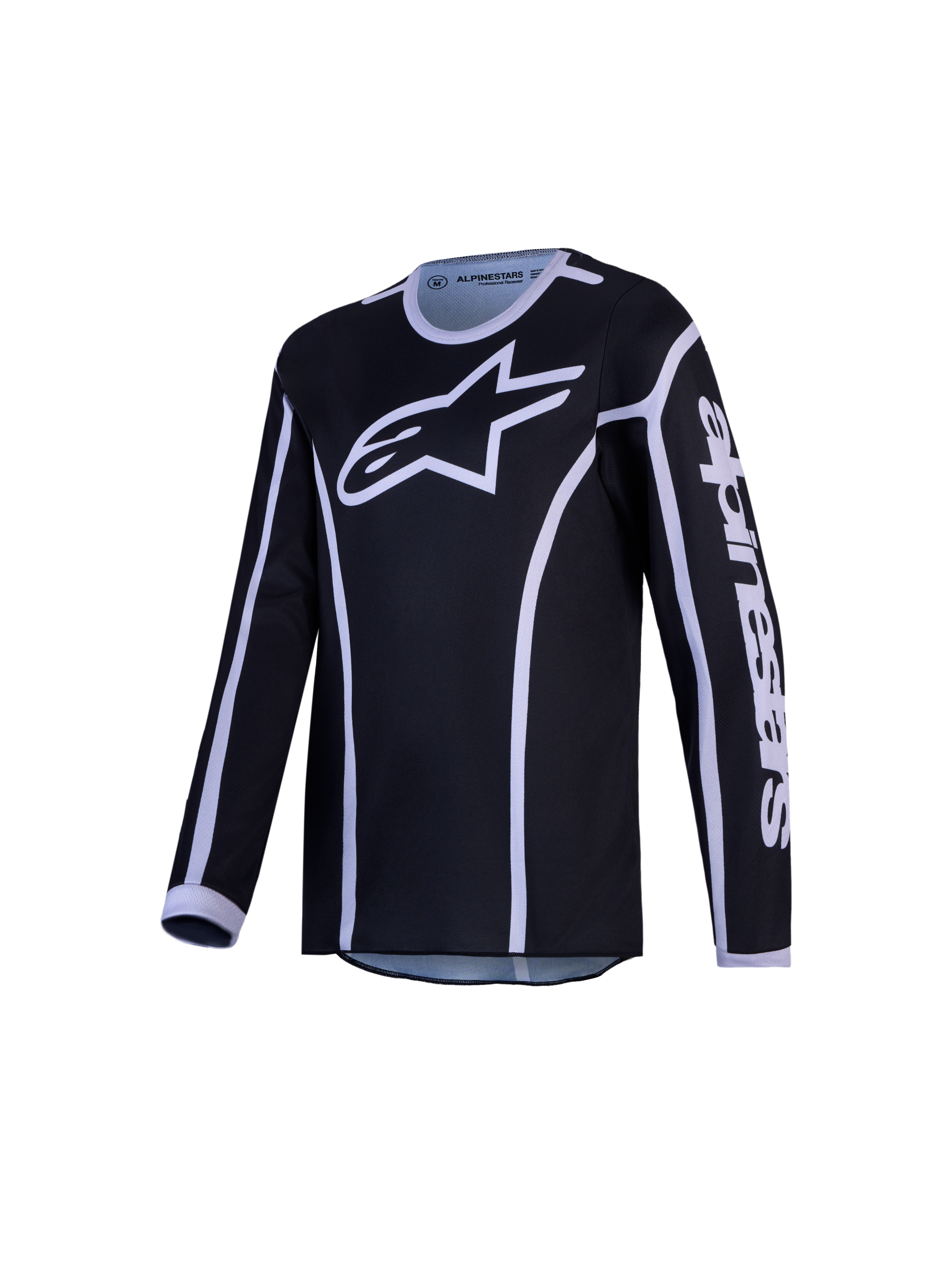 Alpinestars Camisola Fluid Apex V2 Jovem e Gear Set, camisola de motocross para jovens, preta e prateada, tecido respirável.